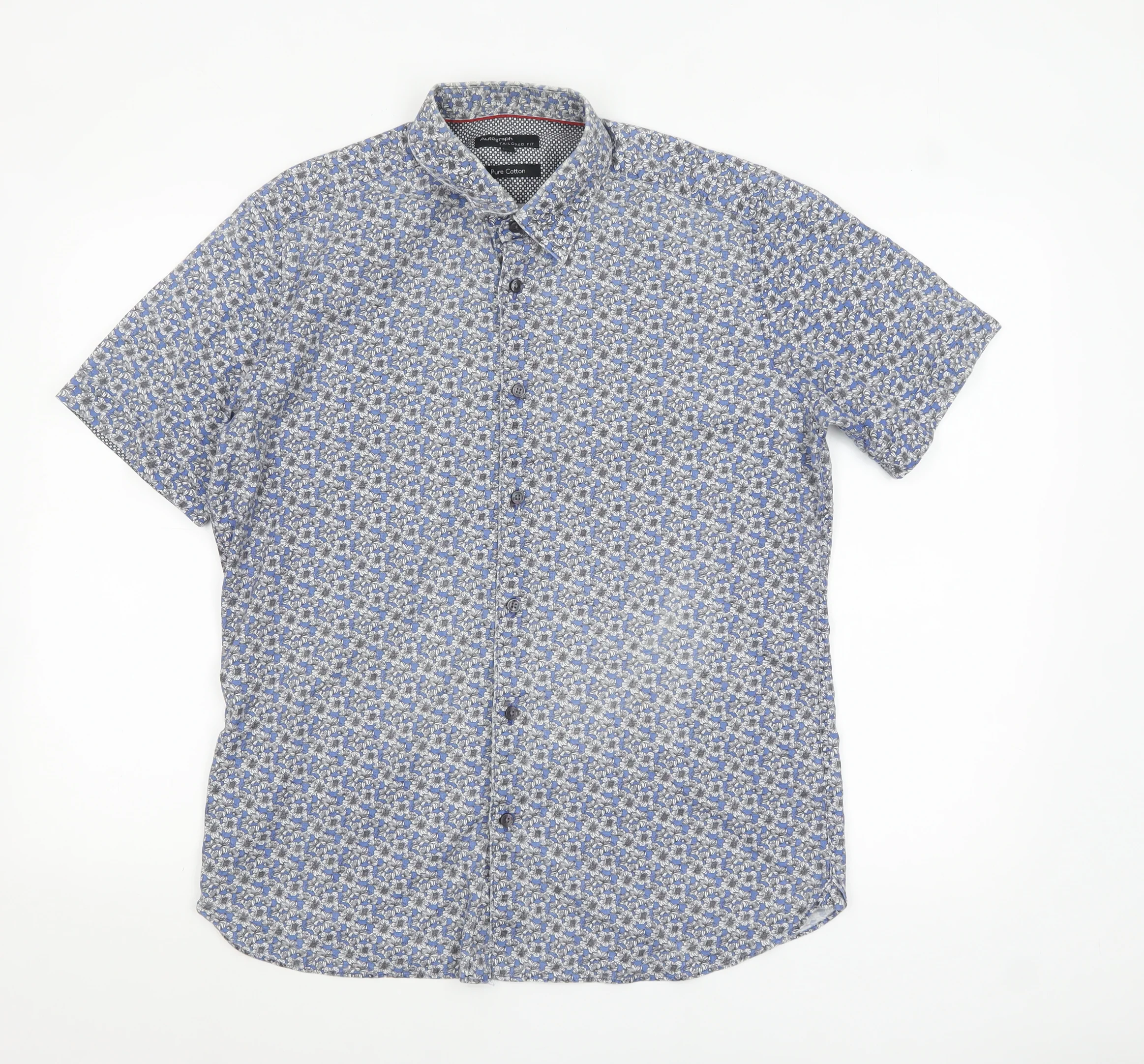 Marks and Spencer Autograph Men's Blue Floral Pure Cotton Slim Fit Short Sleeve Shirt M