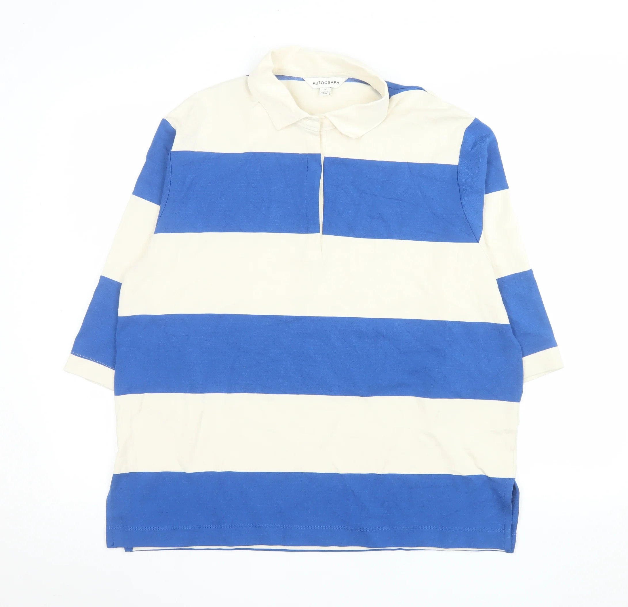 Marks and Spencer Autograph Womens Blue White Striped Polo Top Size 14
