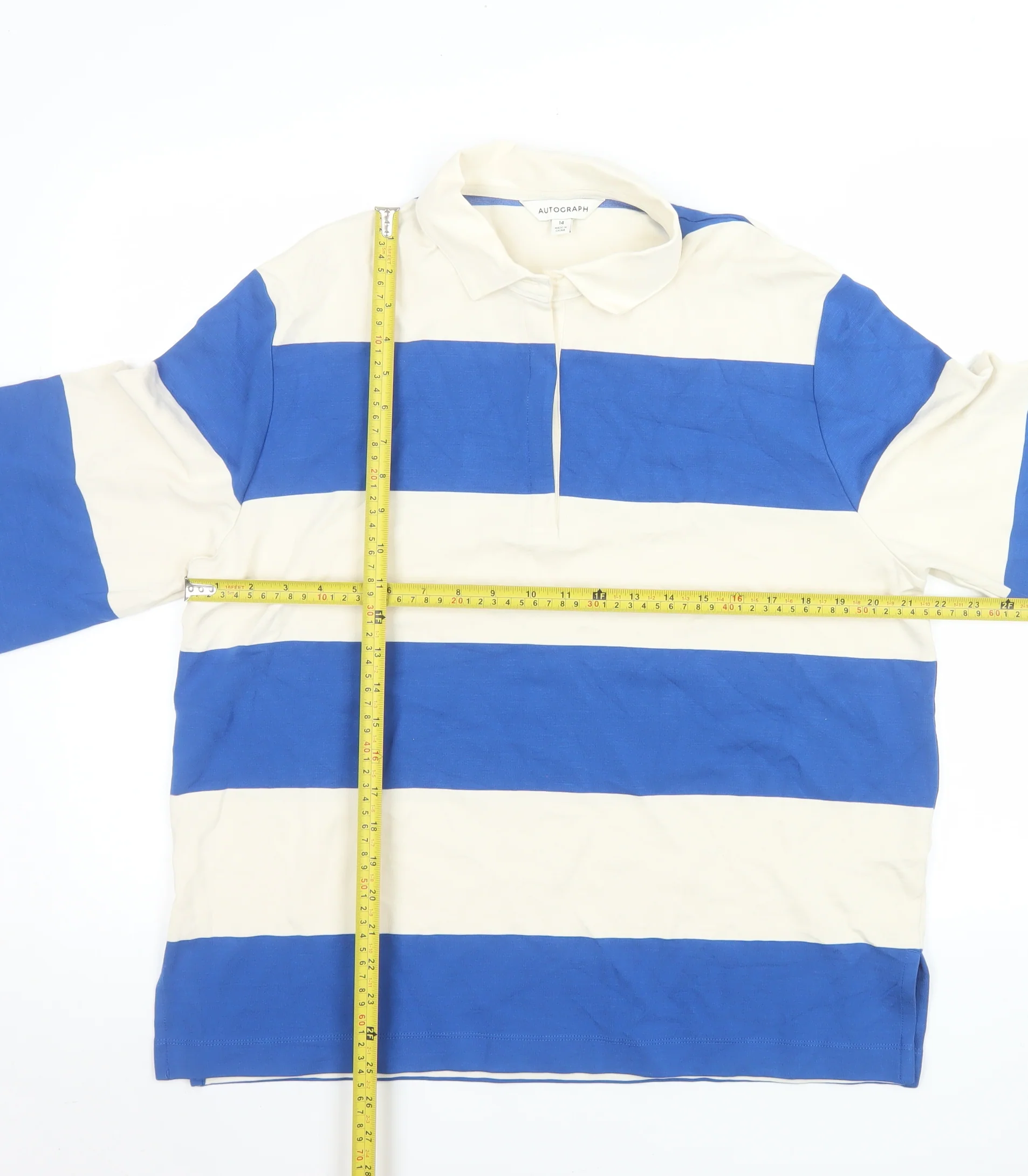Marks and Spencer Autograph Womens Blue White Striped Polo Top Size 14 - Image 2