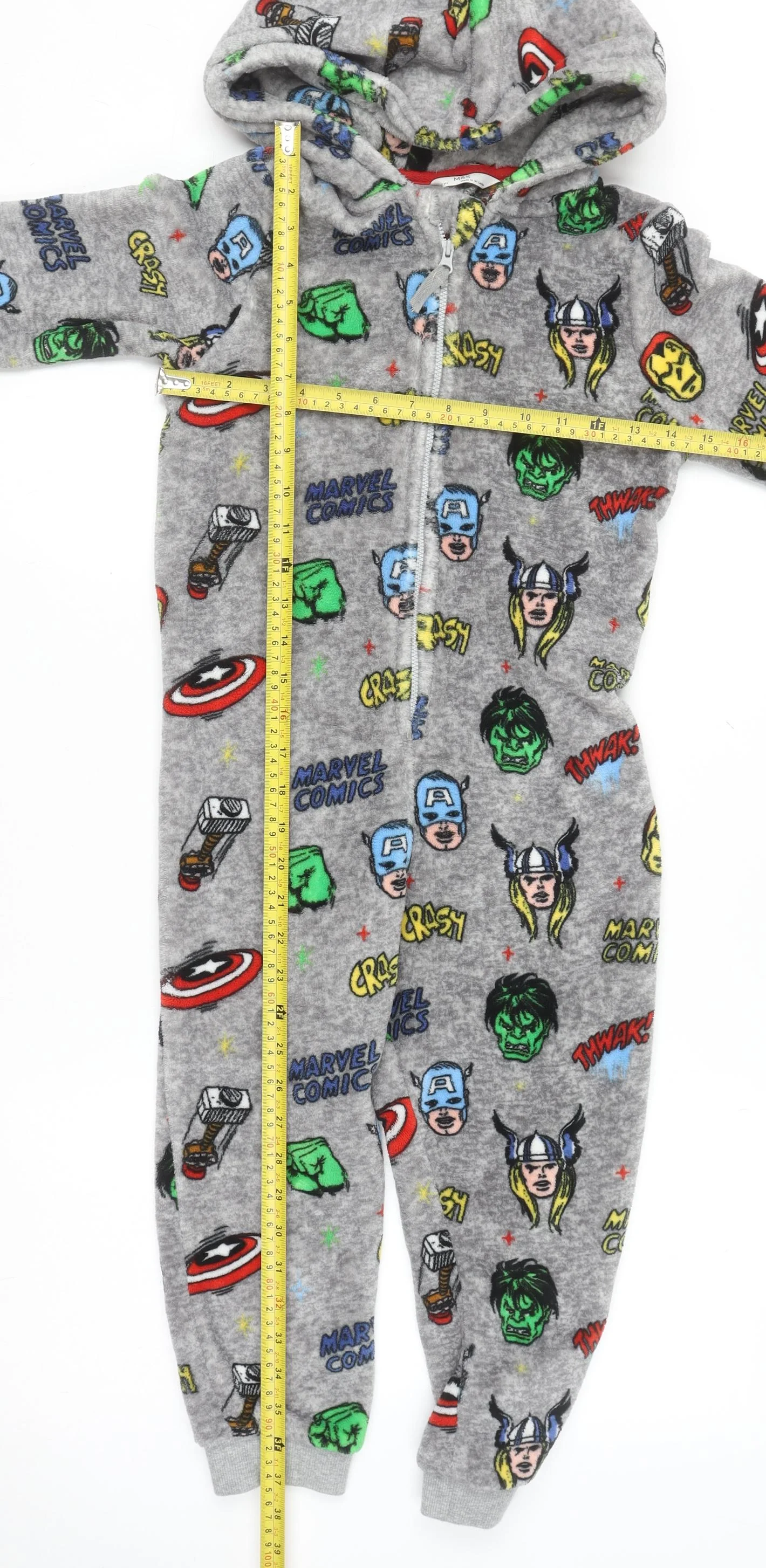 Marks and Spencer Boys Grey Marvel Fleece Hooded Onesie 6-7 Years - Image 2