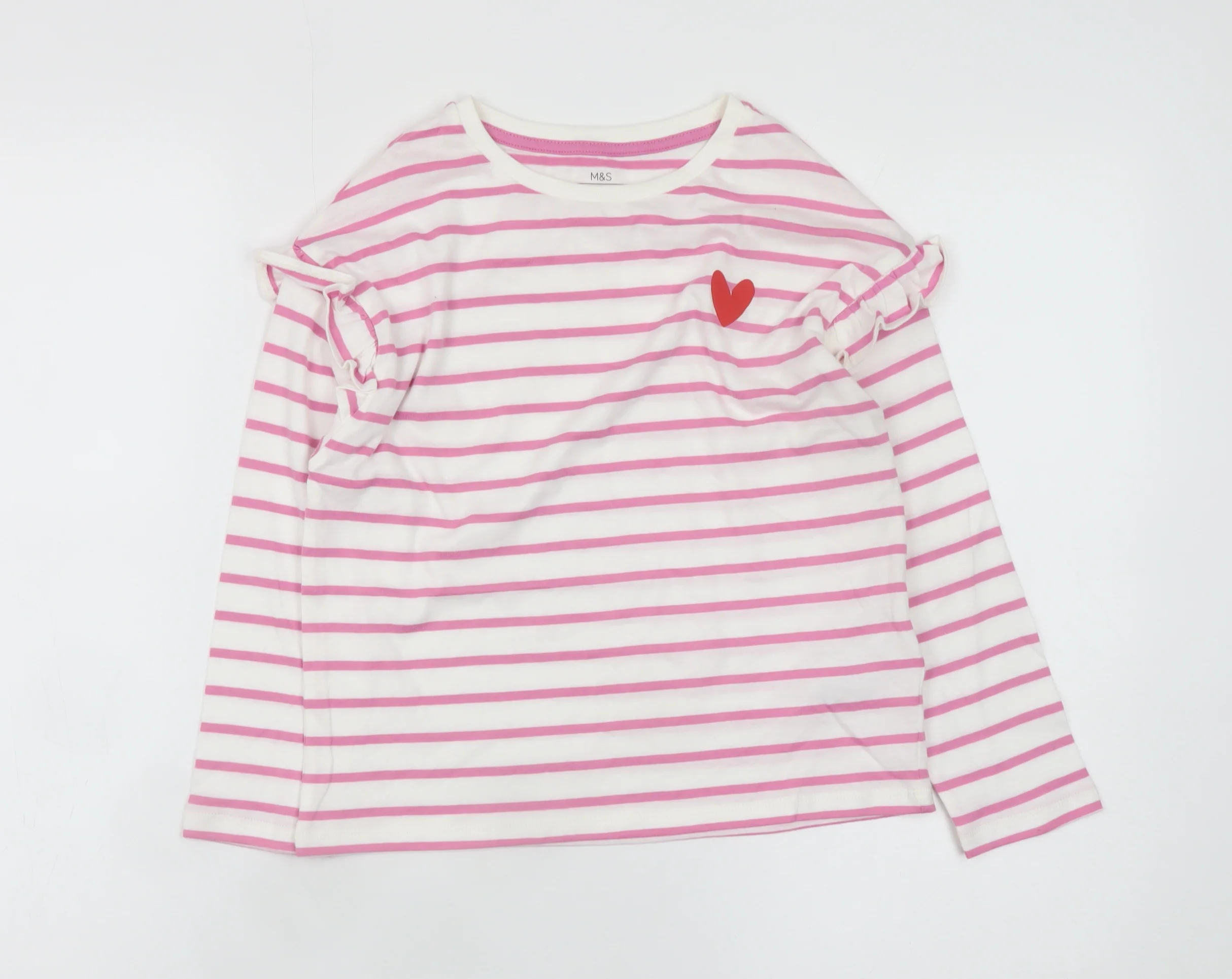 Marks and Spencer Girls Pink Stripe Long Sleeve Ruffle T-Shirt 6-7 Years