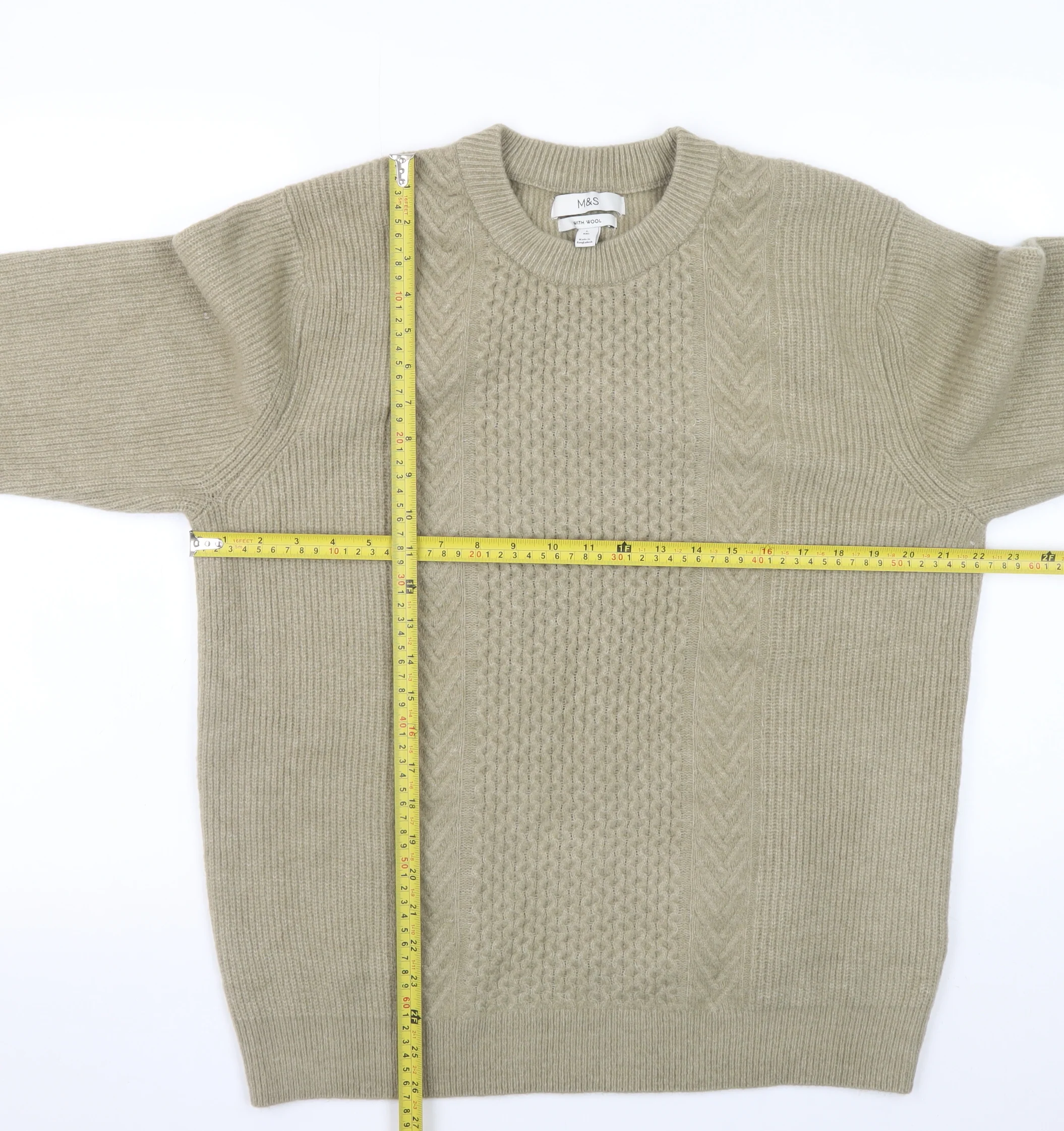 Marks and Spencer Men Beige Wool Blend Cable-Knit Jumper L - Image 2
