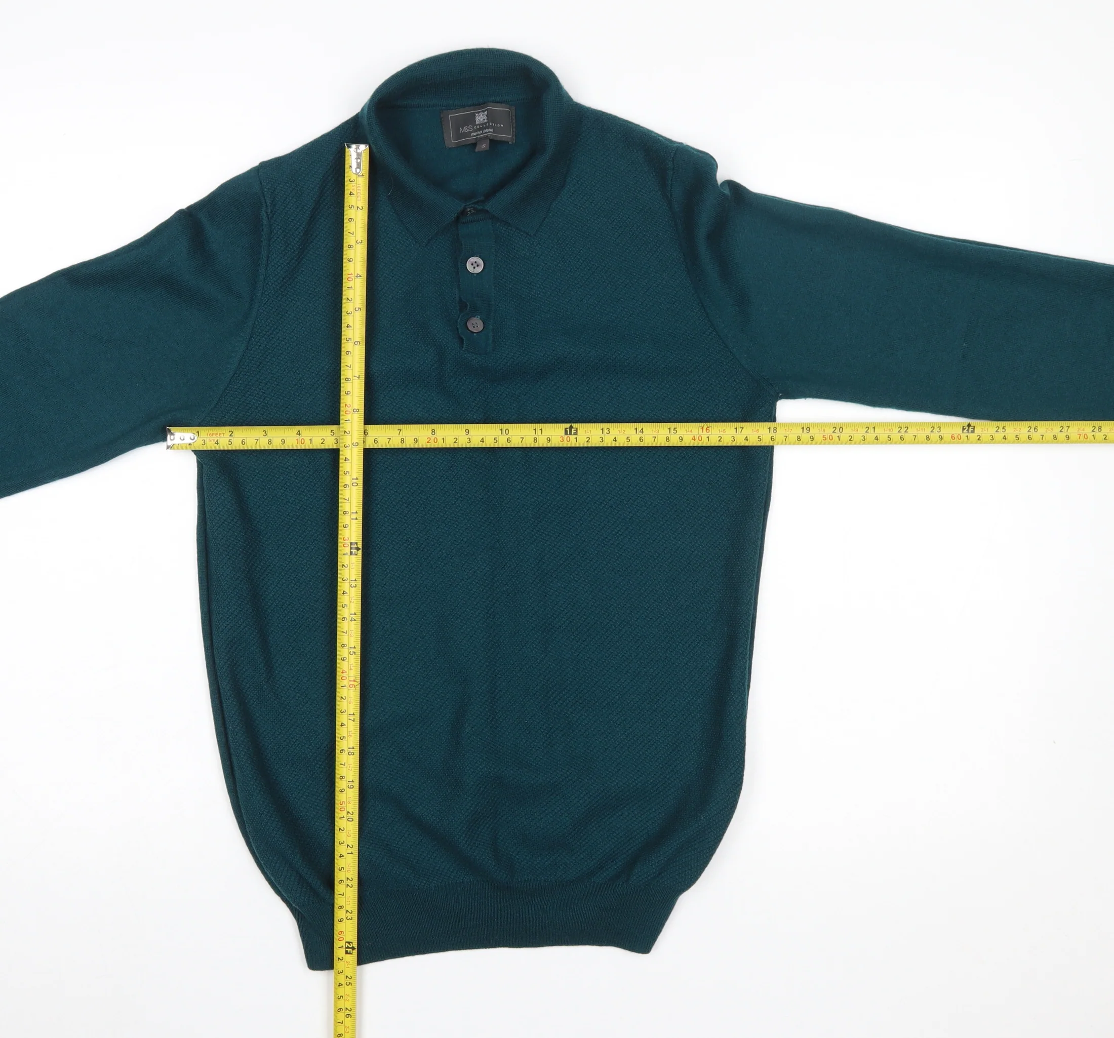 Marks and Spencer Men’s Green Merino Blend Henley Jumper Small - Image 2