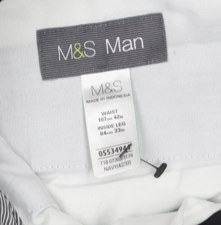 Marks and Spencer Men’s Navy Blue 42W 33L Regular Fit Dress Trousers - Image 5