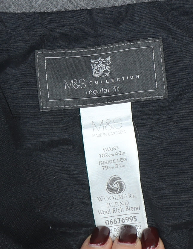 Marks and Spencer Men's Black Wool Blend Regular Fit Dress Trousers 40W 31L - Image 4