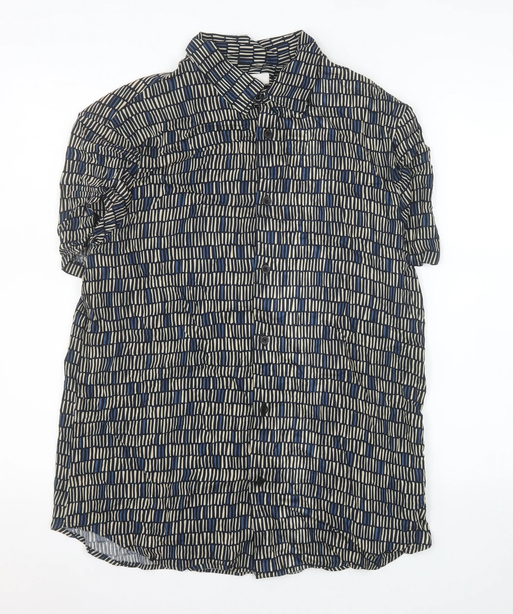 Marks and Spencer Men's Blue Geometric Short Sleeve Viscose Shirt M