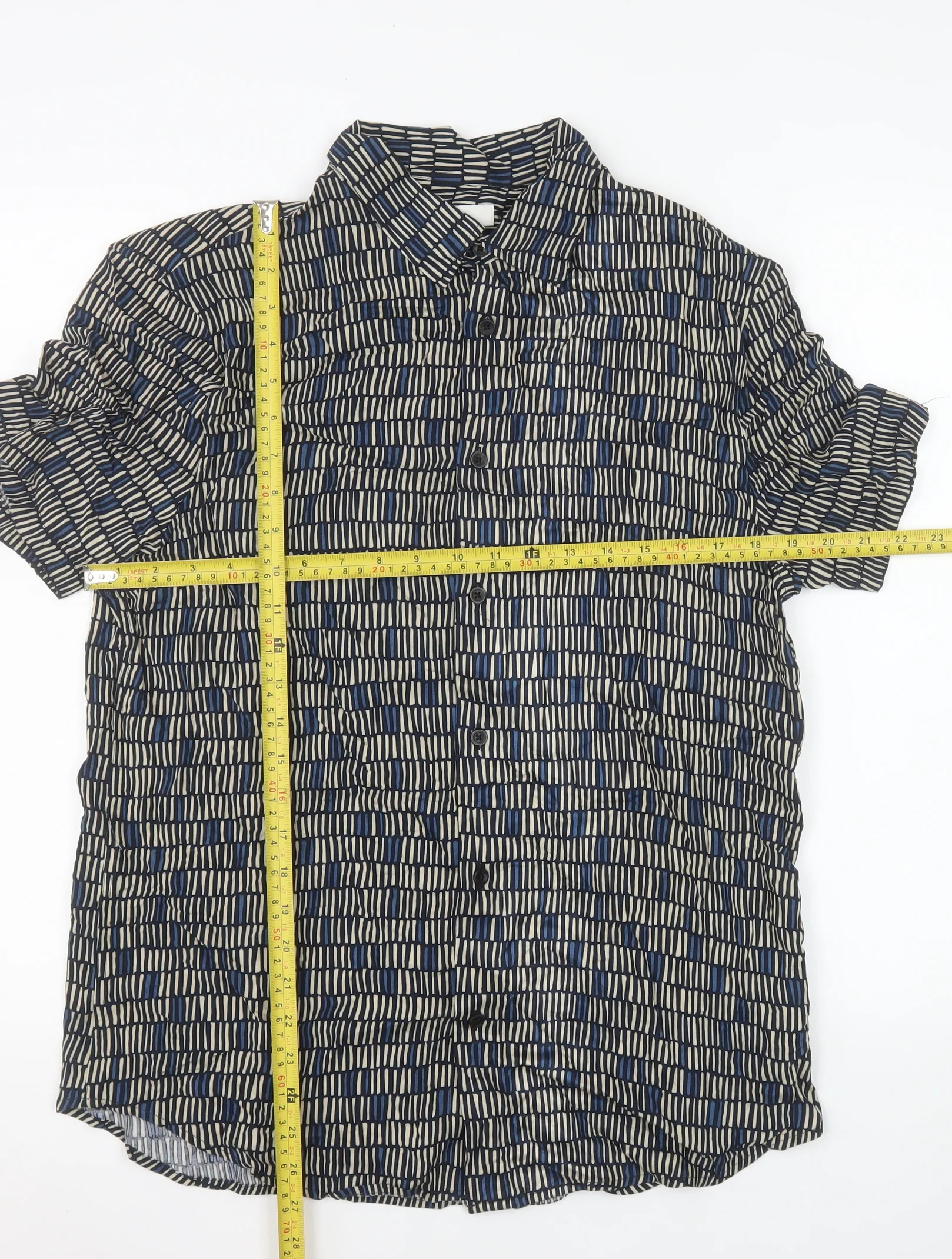 Marks and Spencer Men's Blue Geometric Short Sleeve Viscose Shirt M - Image 2