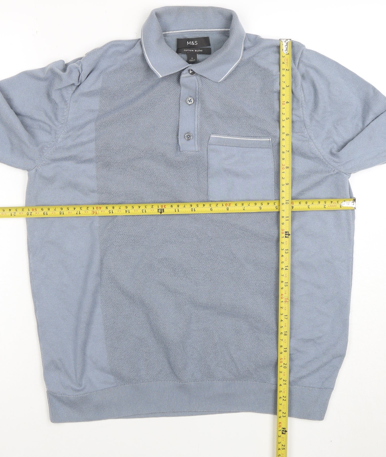 Marks and Spencer Men's Blue Long Sleeve Cotton Blend Polo M - Image 2