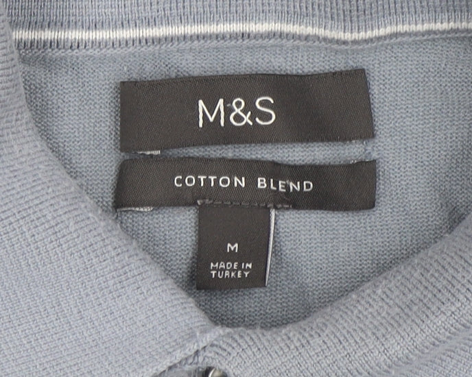 Marks and Spencer Men's Blue Long Sleeve Cotton Blend Polo M - Image 4