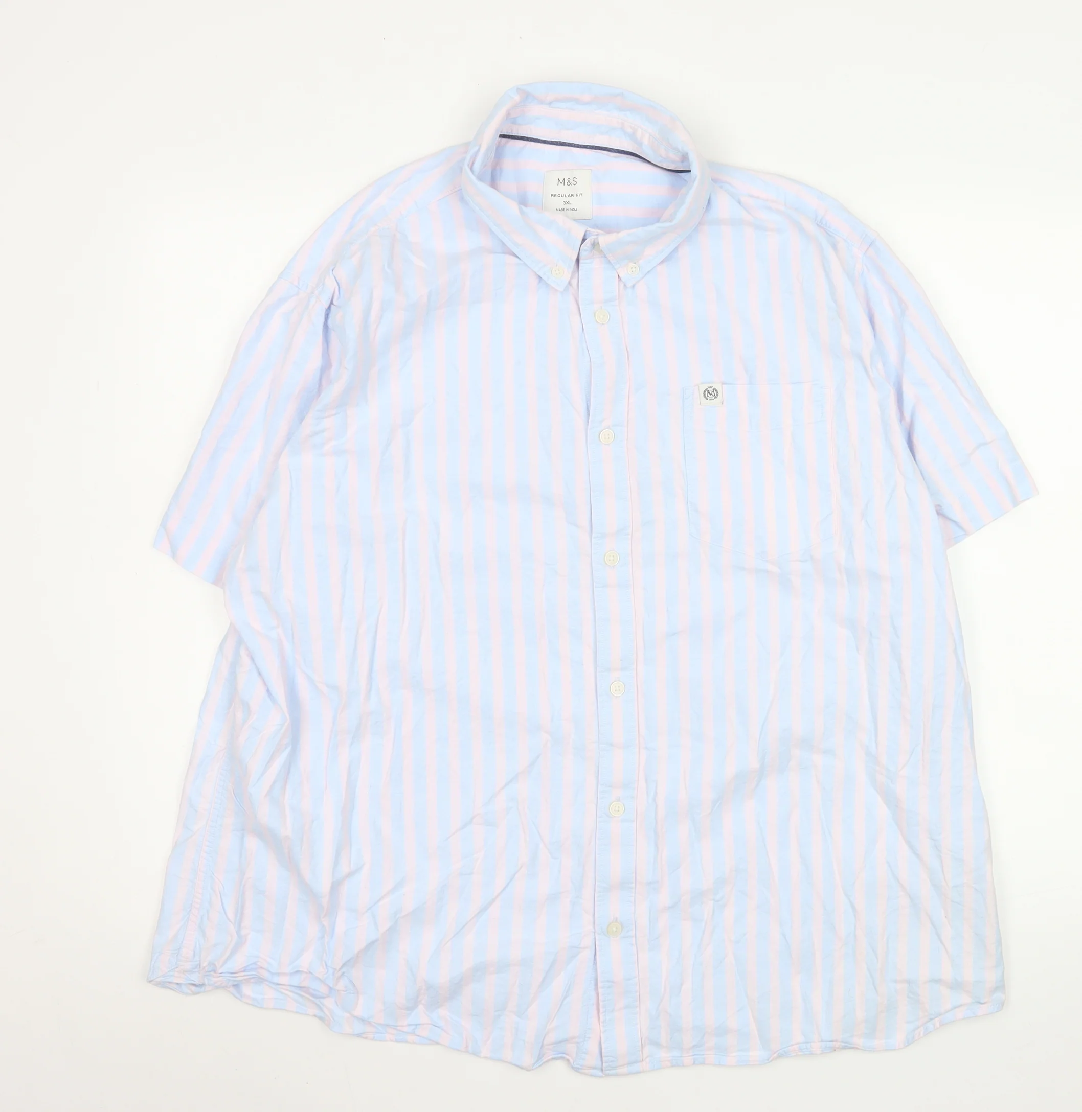 Marks and Spencer Men's Blue Pink Striped Short Sleeve Button-Up Shirt 3XL