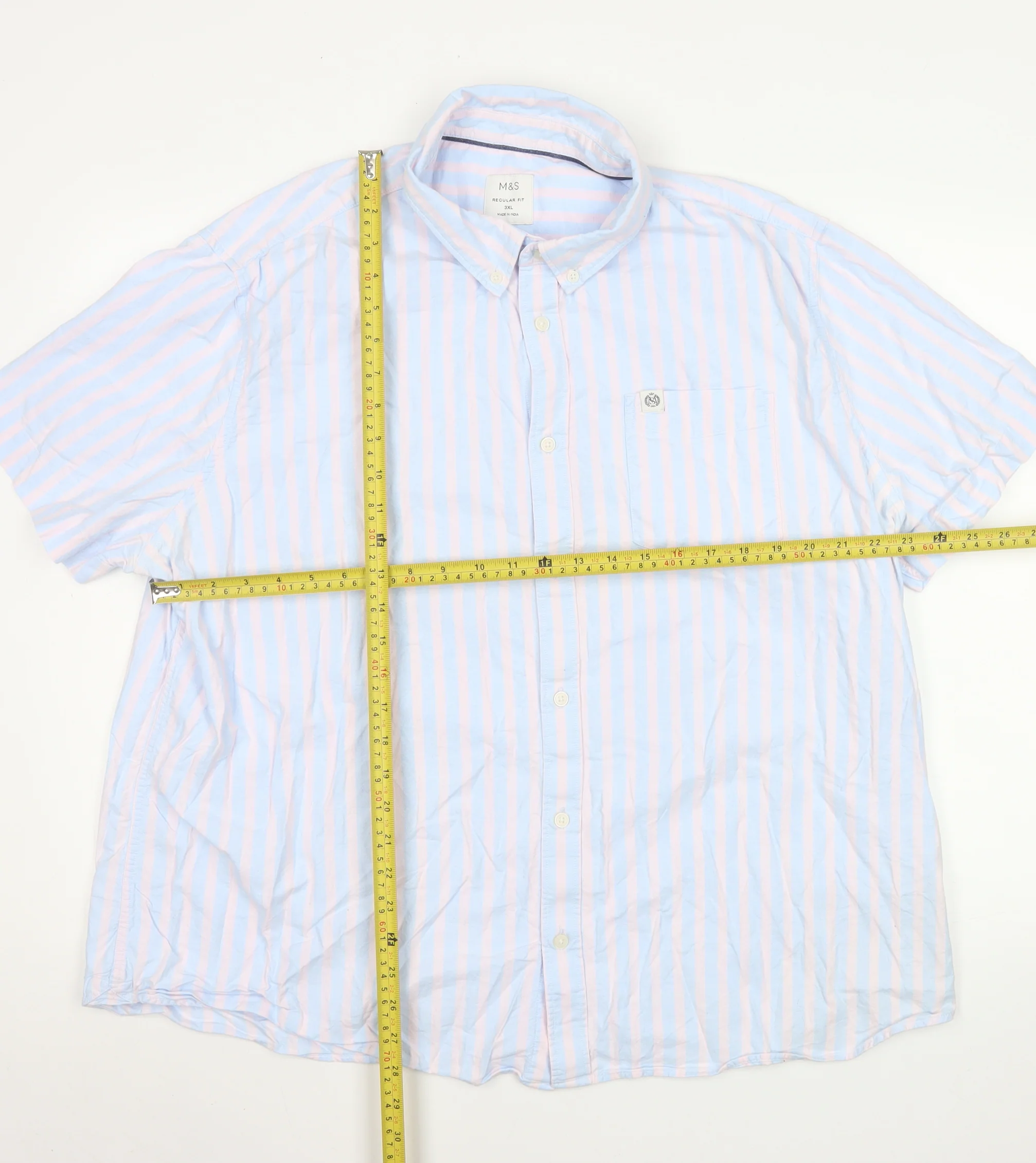 Marks and Spencer Men's Blue Pink Striped Short Sleeve Button-Up Shirt 3XL - Image 2