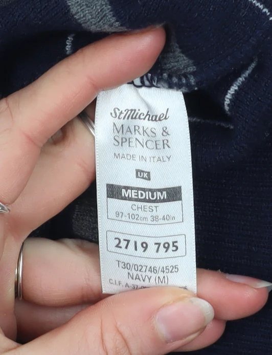 Marks and Spencer Men's Blue Striped Wool Blend V-Neck Jumper M - Image 4