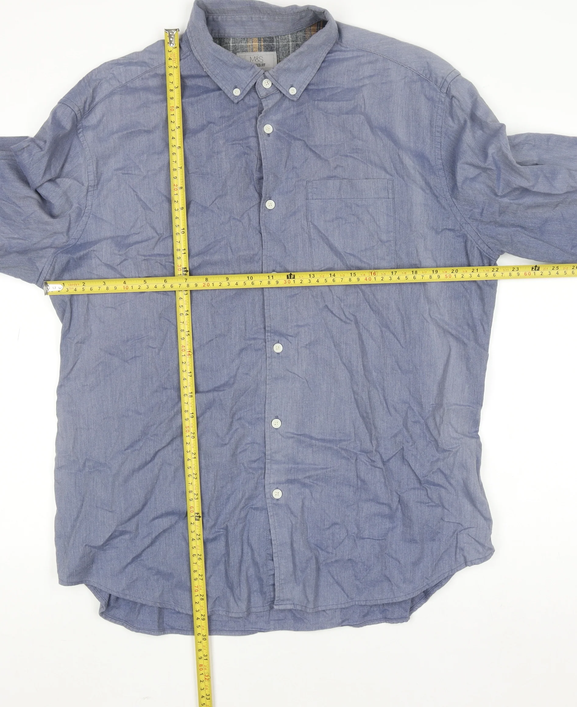 Marks and Spencer Men's Blue Tailored Fit Cotton Button-Up Shirt XL - Image 2