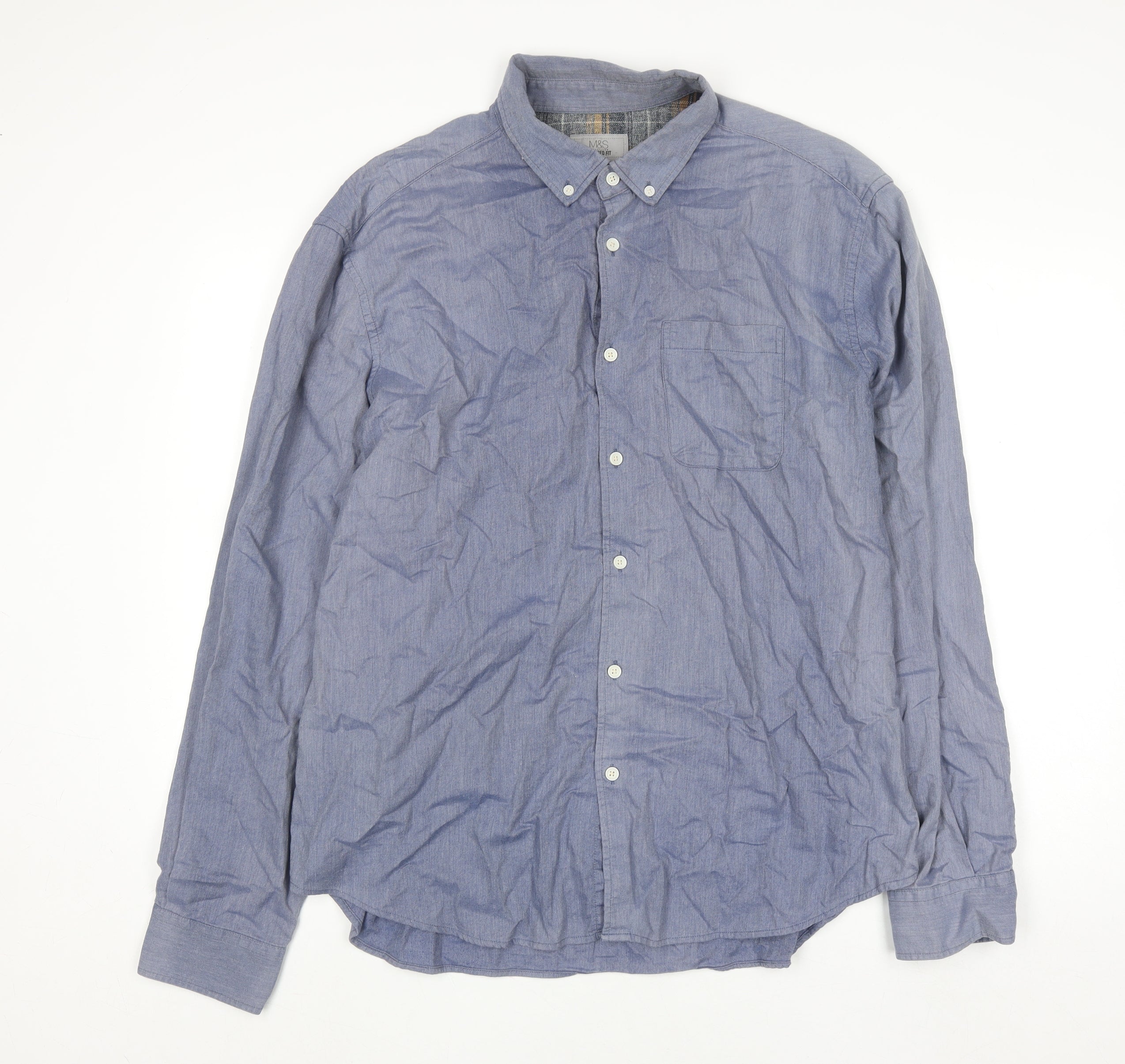 Marks and Spencer Men's Blue Tailored Fit Cotton Button-Up Shirt XL - Image 5