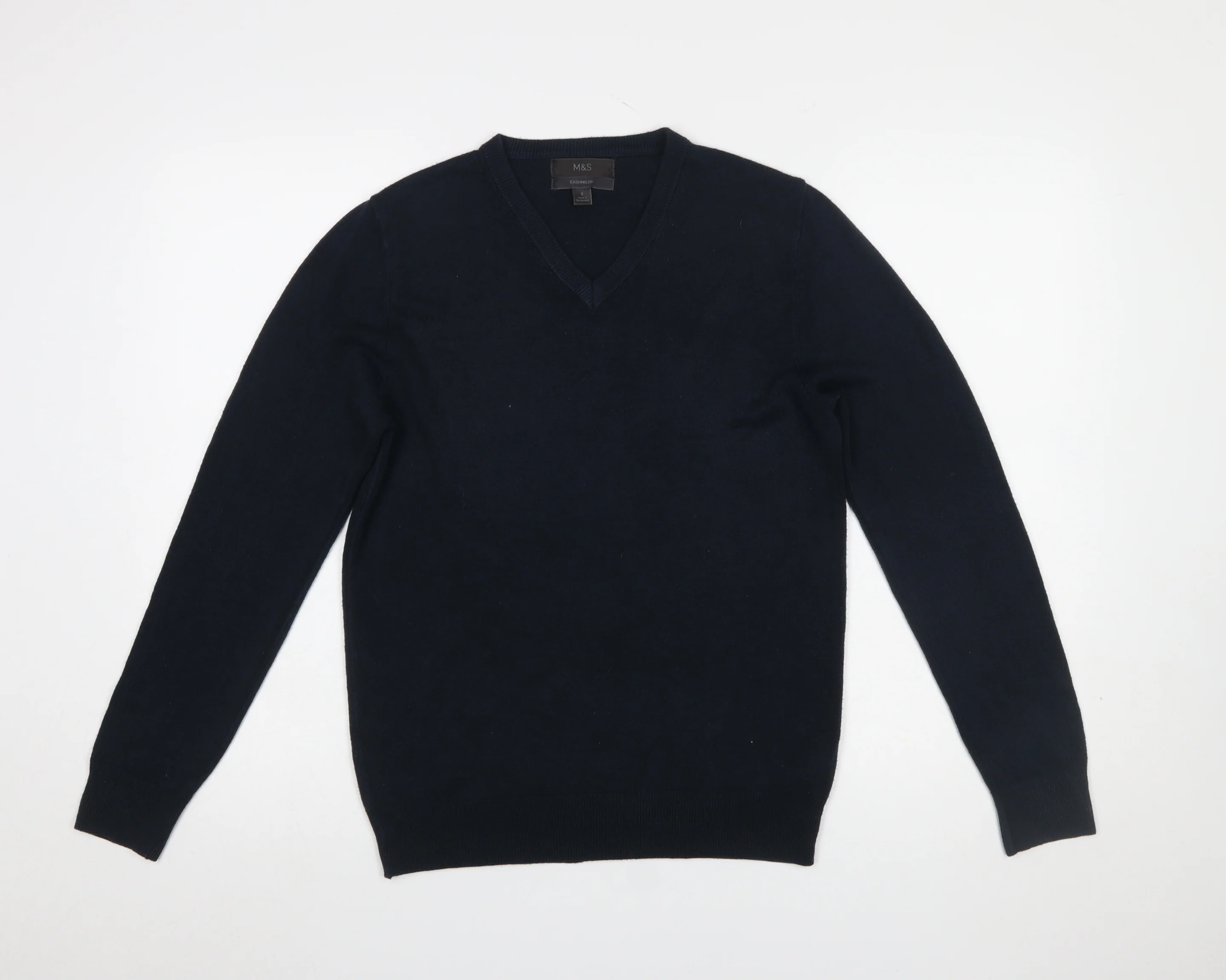Marks and Spencer Men's Blue V-Neck Acrylic Jumper Size S
