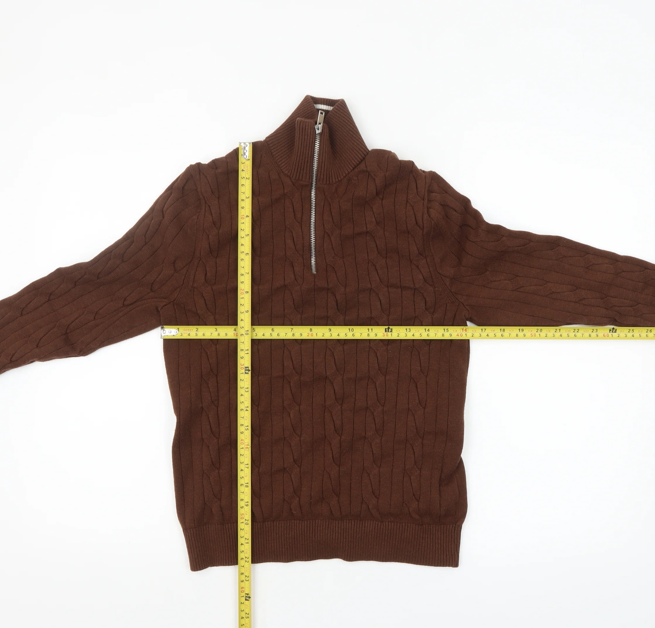 Marks and Spencer Men's Brown Cable-Knit 1/2 Zip Jumper Size S - Image 2