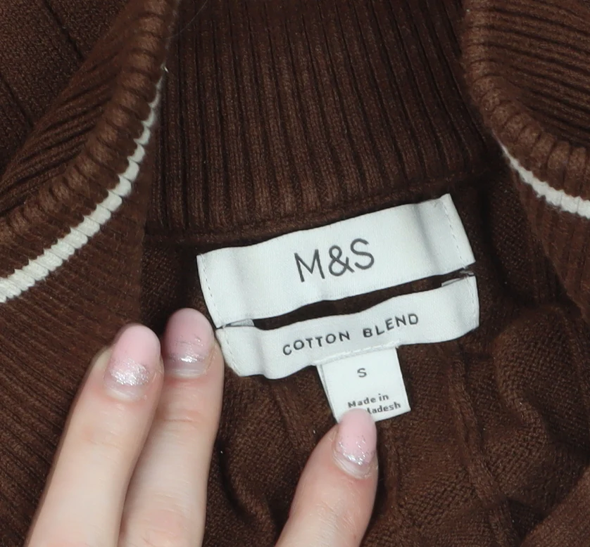 Marks and Spencer Men's Brown Cable-Knit 1/2 Zip Jumper Size S - Image 5