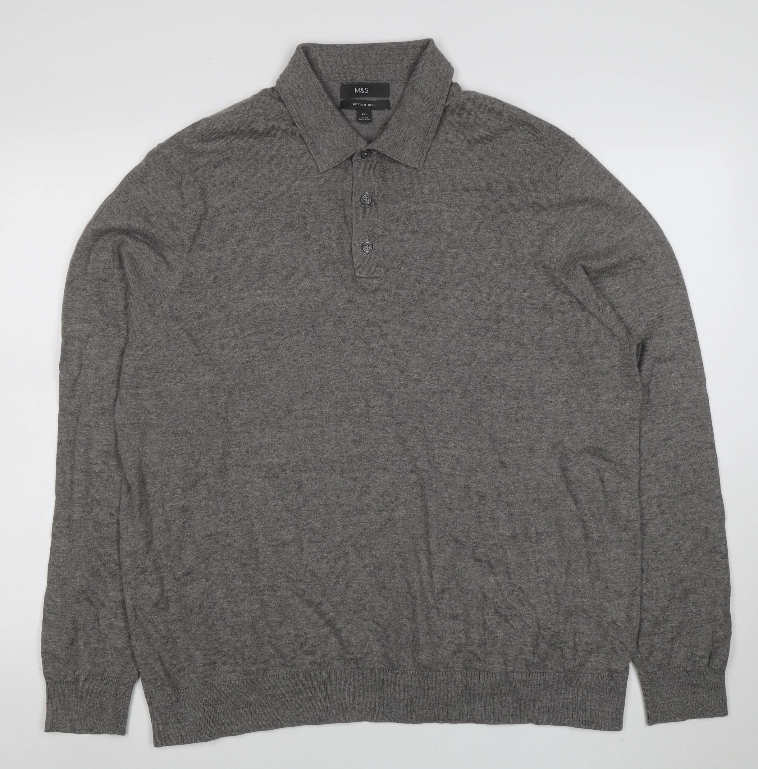 Marks and Spencer Mens Grey 2XL Cotton Rich Long Sleeve Polo