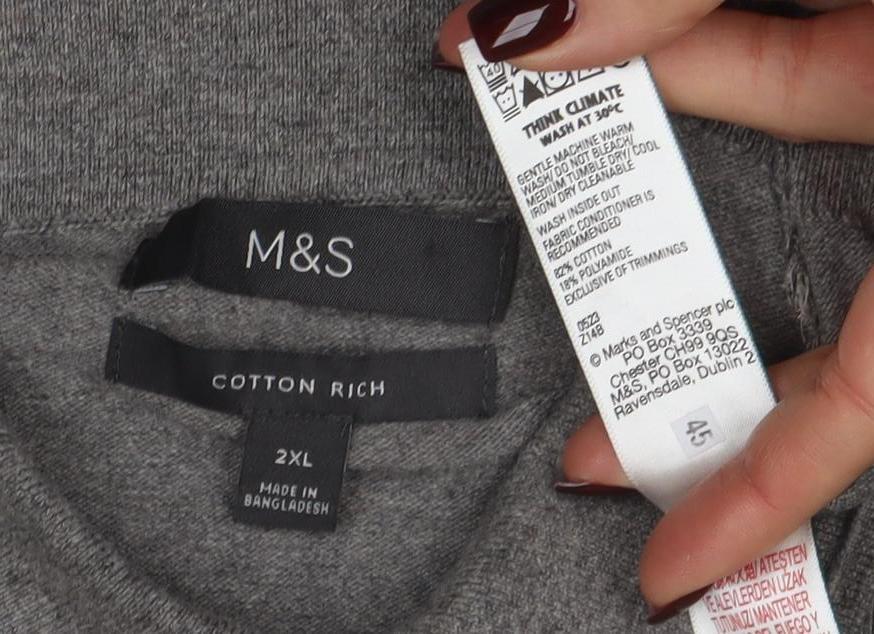 Marks and Spencer Mens Grey 2XL Cotton Rich Long Sleeve Polo - Image 4