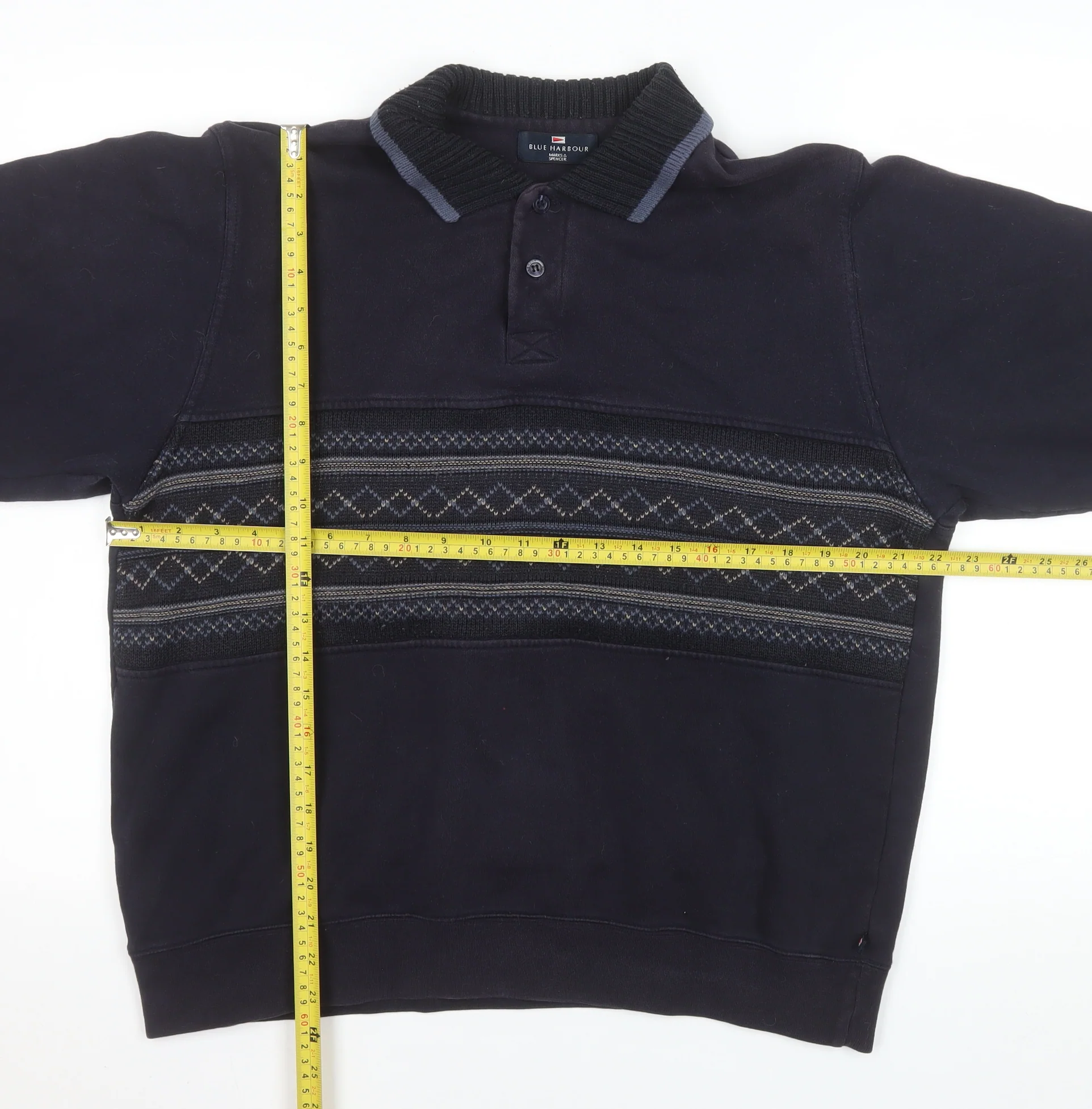 Marks and Spencer Men's Navy Fair Isle Collared Henley Sweatshirt Medium - Image 2