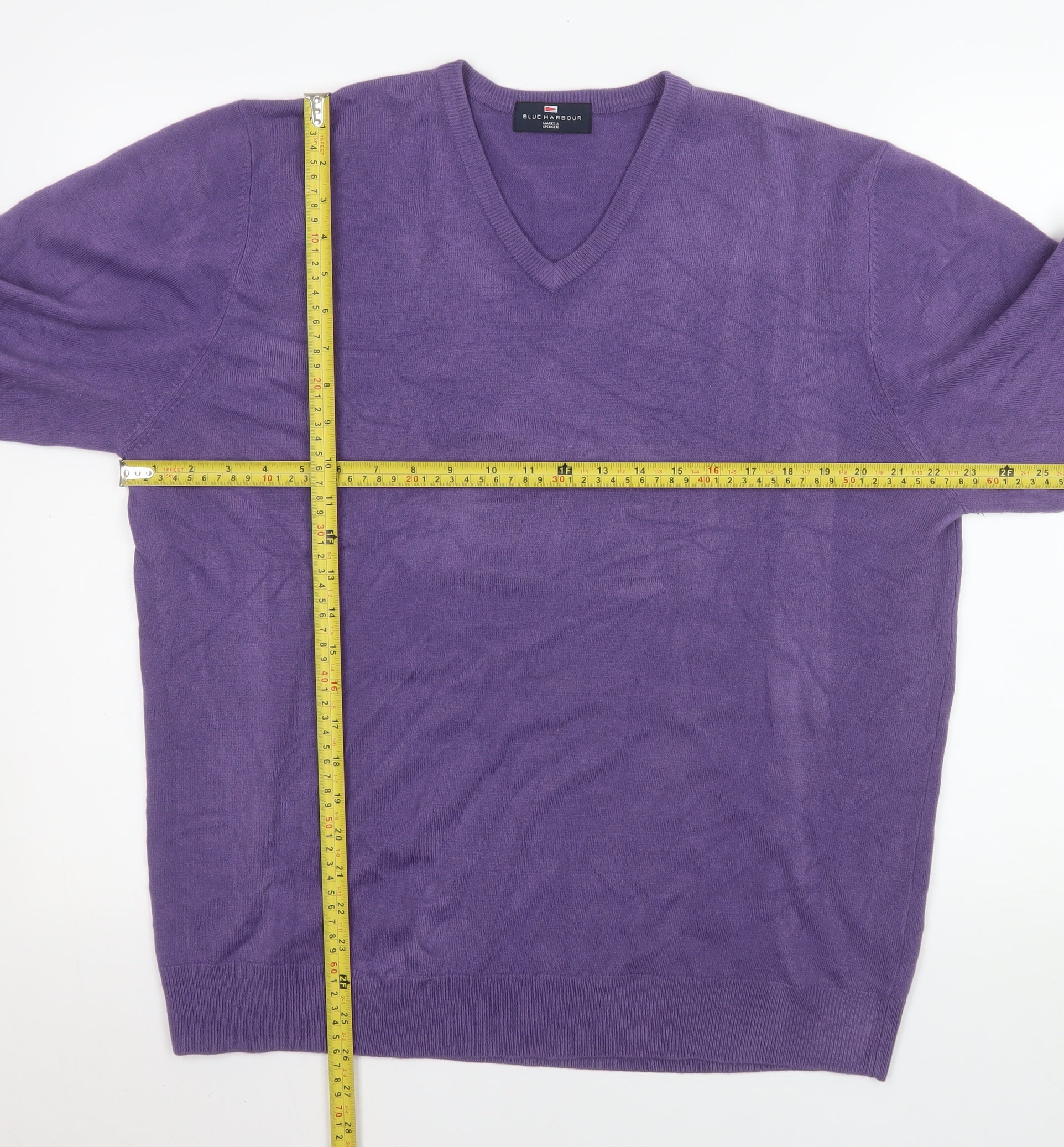Marks and Spencer Men's Purple XL V-Neck Acrylic Jumper - Image 2