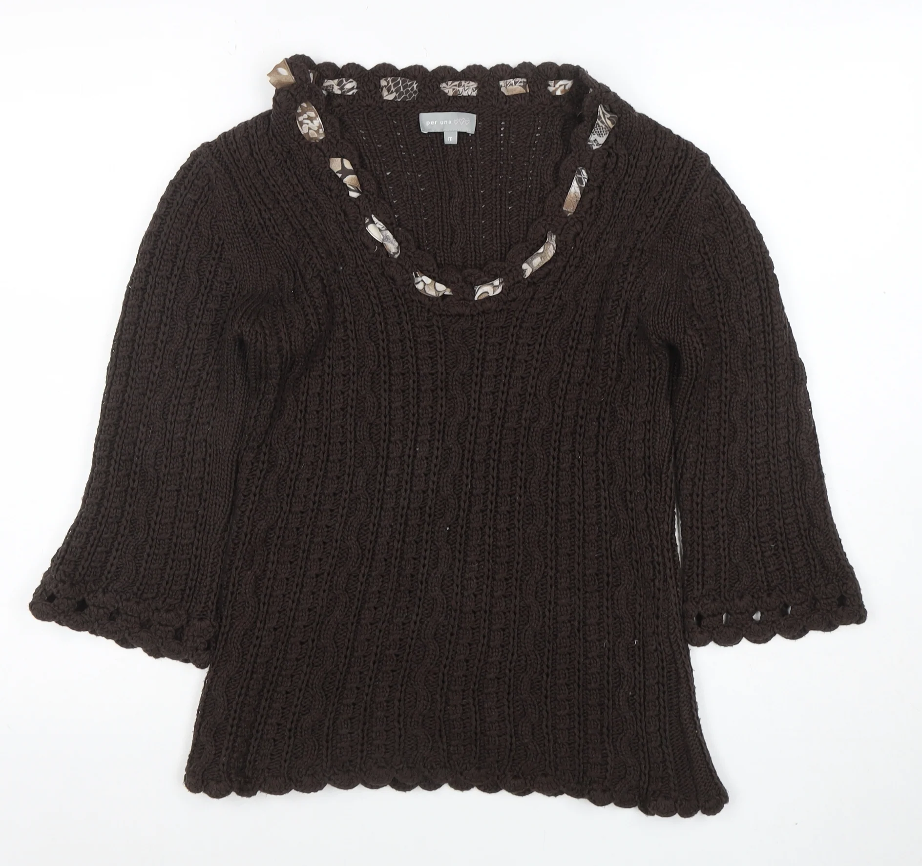 Marks and Spencer Per Una Women’s Brown Cable-Knit 3/4 Sleeve Scoop Neck Jumper M