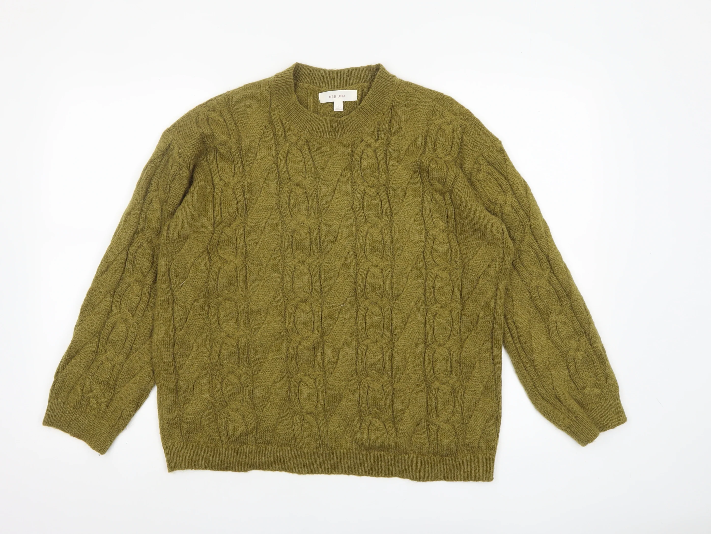 Marks and Spencer Per Una Women's Green Cable-Knit Jumper Size S