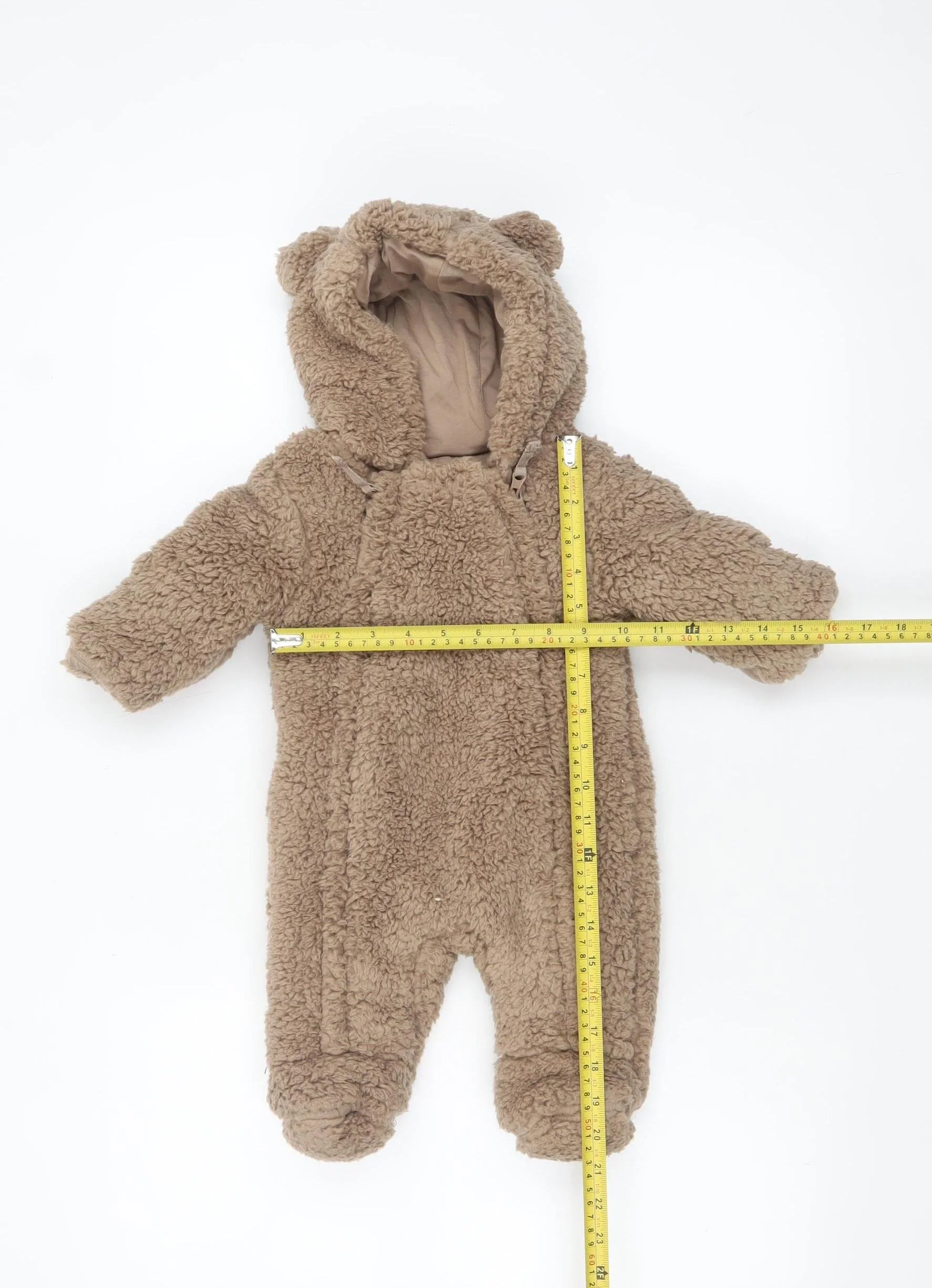 Marks and Spencer Unisex Baby Brown Teddy Snowsuit 0-3 Months Hooded Fleece - Image 2