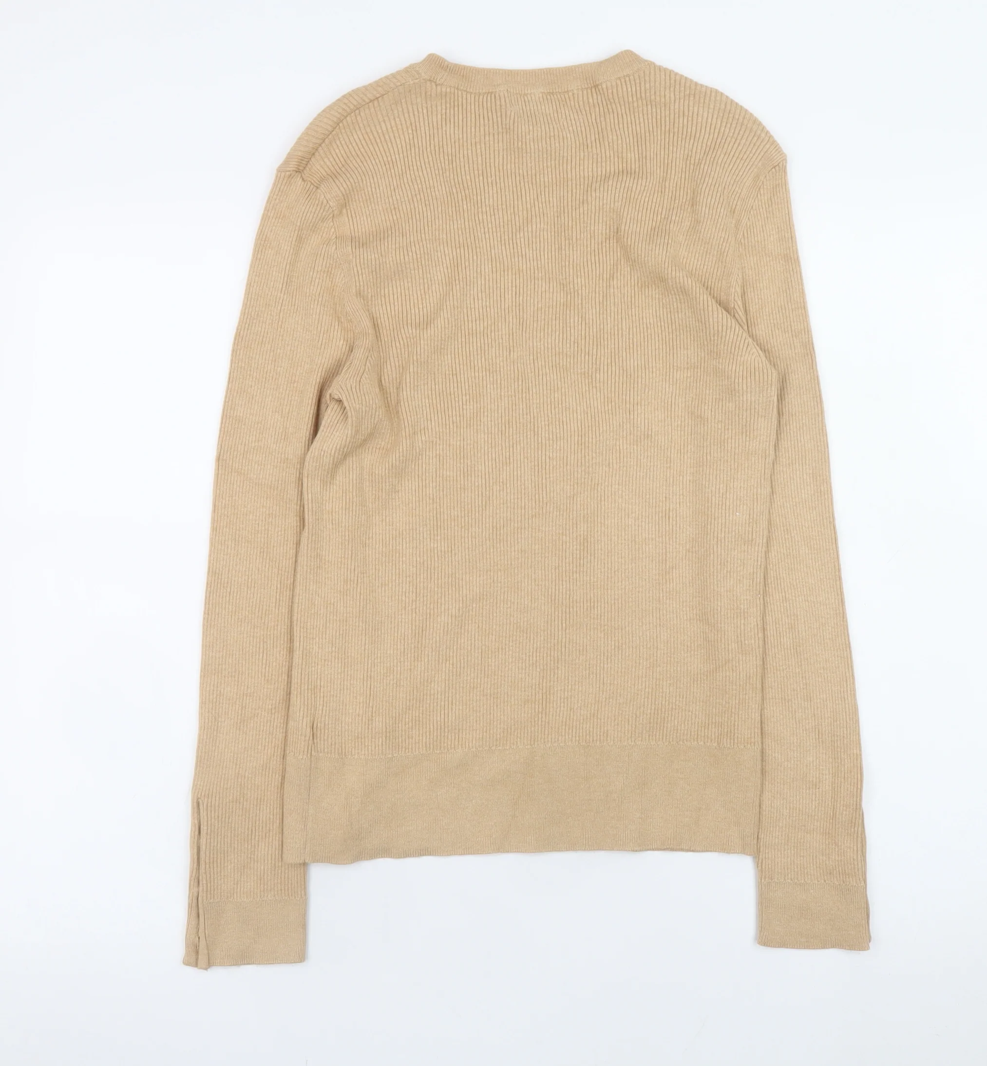 Marks and Spencer Women Beige Crew Neck Button Sleeve Jumper Size 14 - Image 3