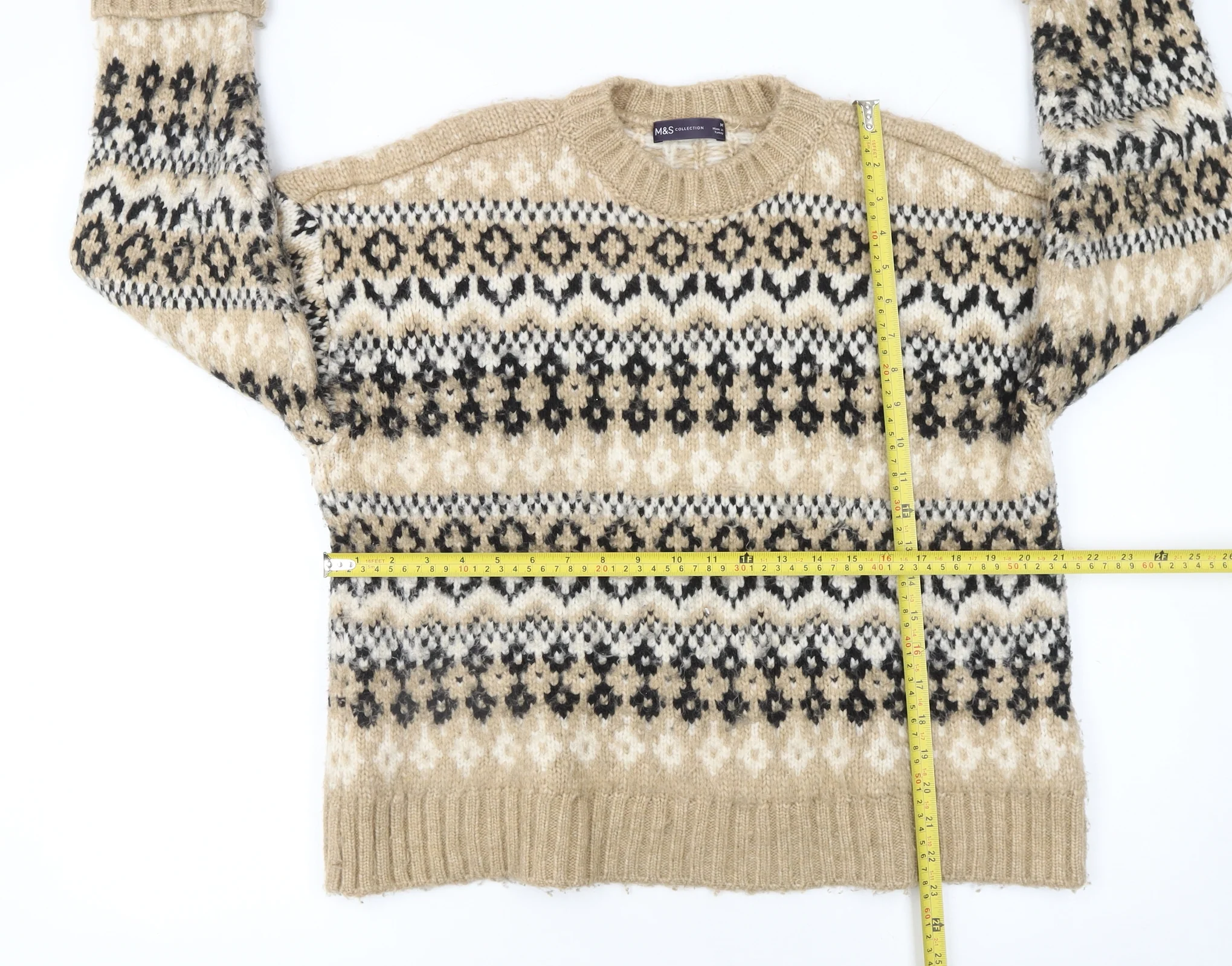 Marks and Spencer Women Beige Fair Isle Chunky Knit Jumper M - Image 2