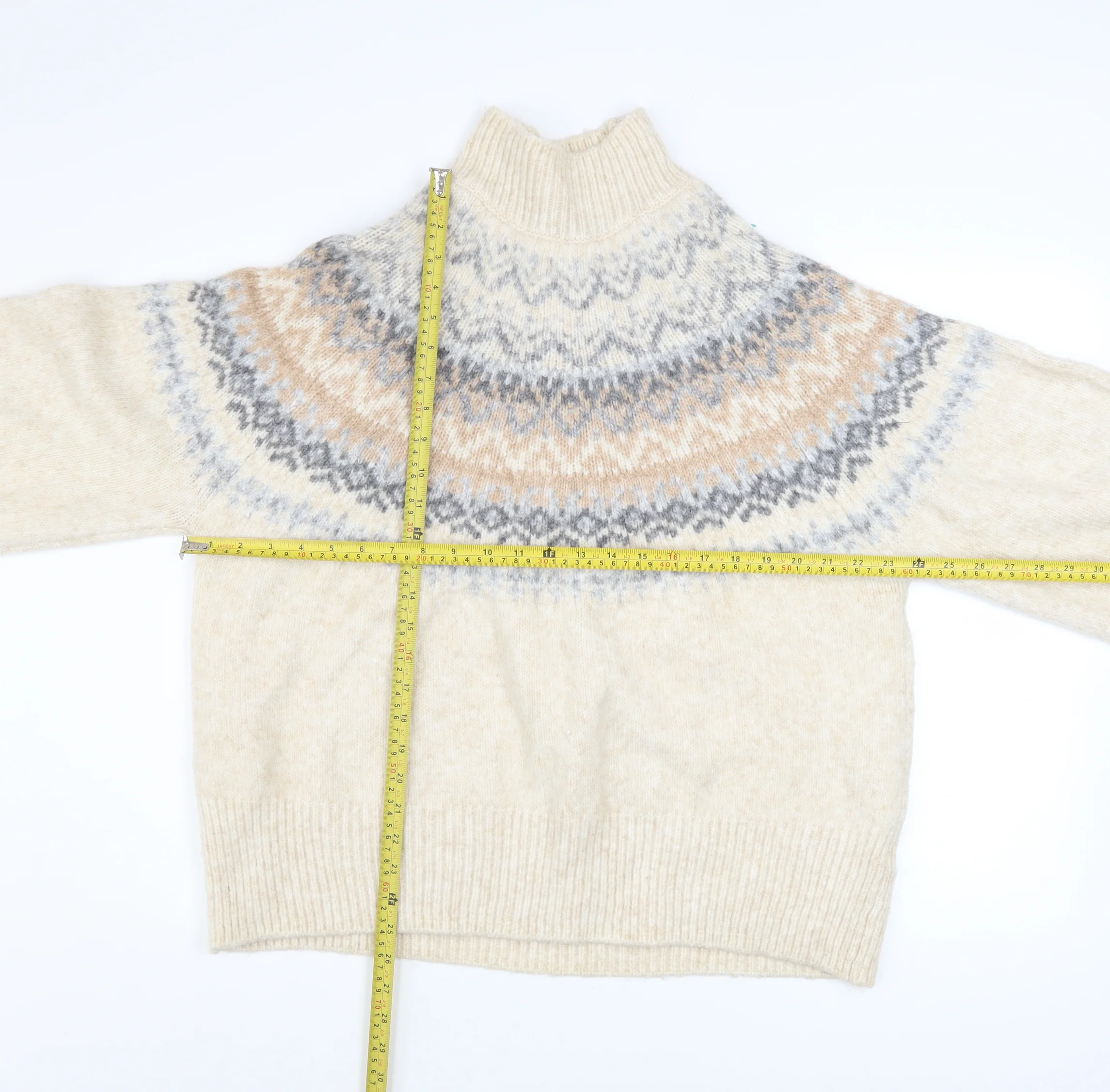 Marks and Spencer Women Beige Fair Isle High Neck Chunky Knit Jumper XL - Image 2