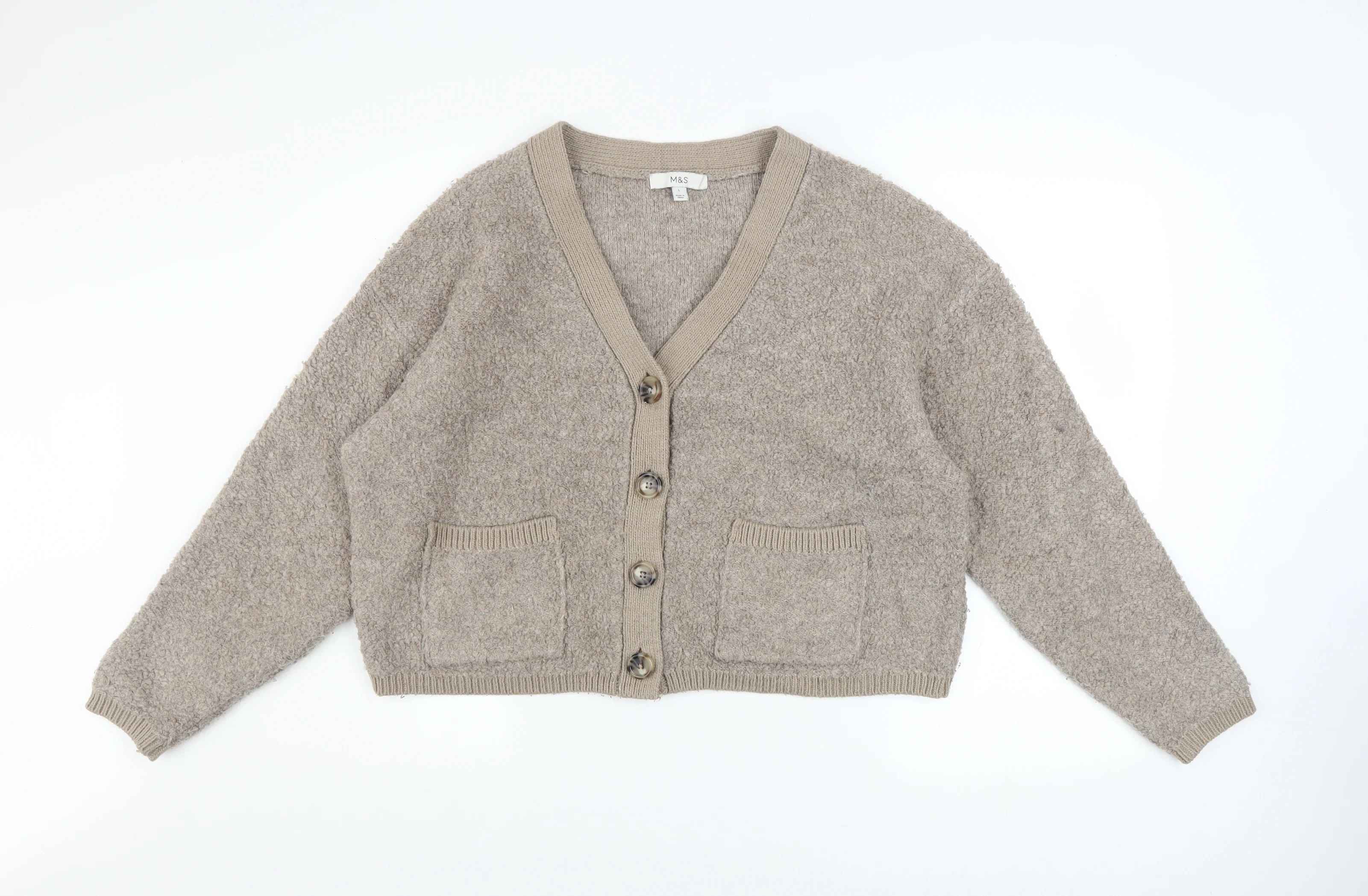 Marks and Spencer Women Beige L V-Neck Button Knit Cardigan Jumper