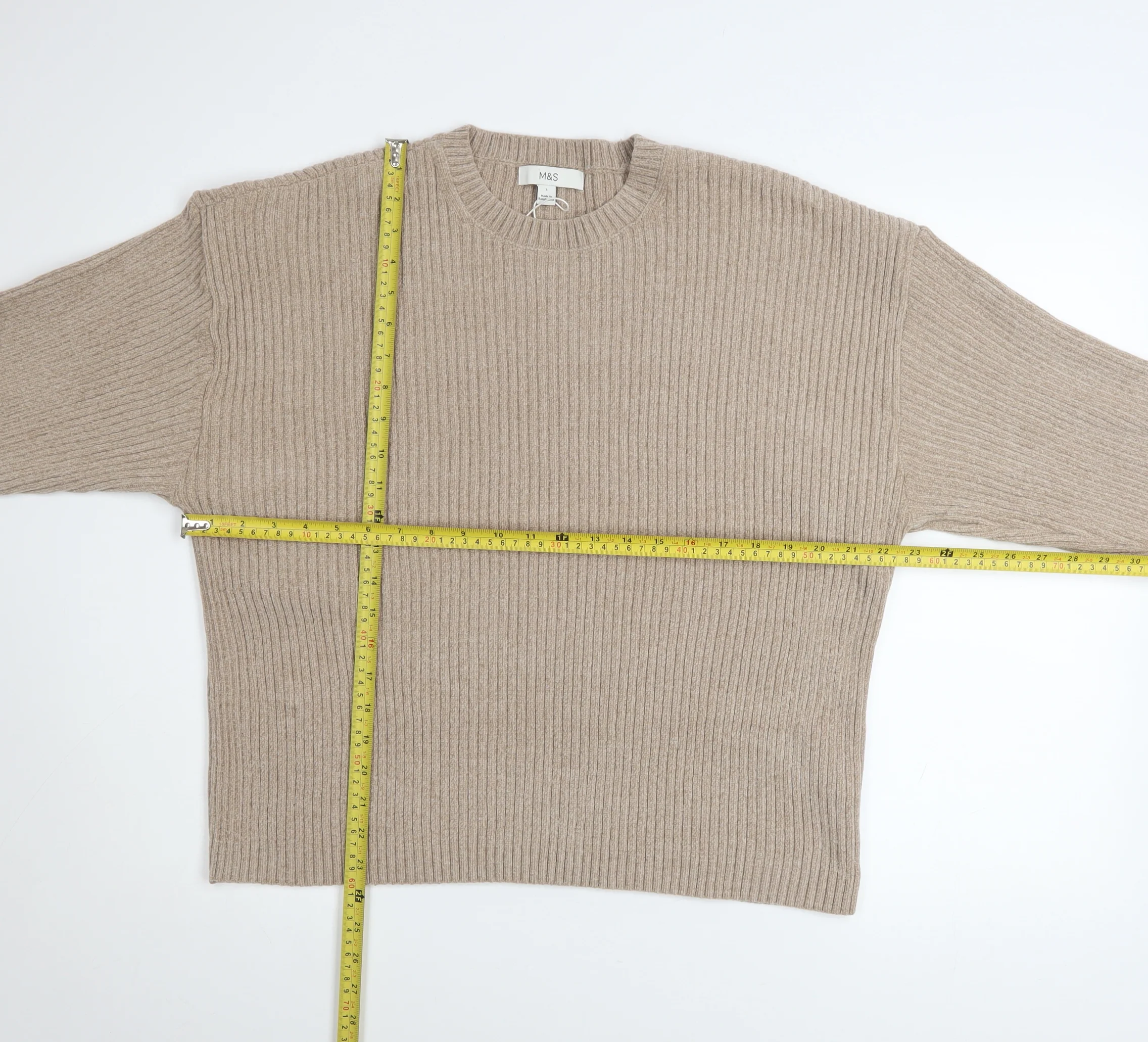 Marks and Spencer Women Beige Ribbed Knit Crew Neck Pullover Jumper L - Image 2