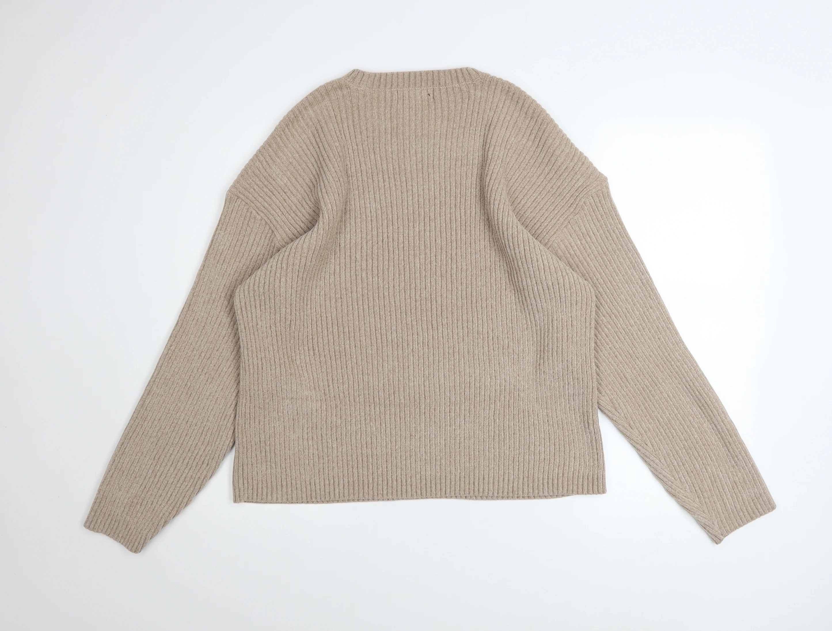 Marks and Spencer Women Beige Ribbed Knit Crew Neck Pullover Jumper L - Image 3