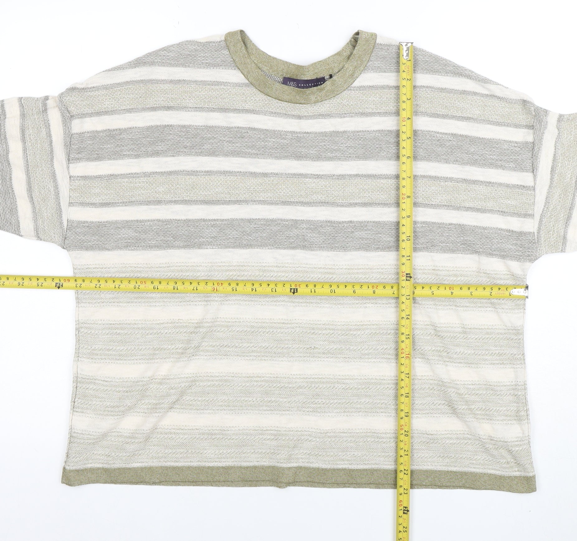 Marks and Spencer Women Beige Striped Short Sleeve Cotton Blend T-Shirt Size 20 - Image 2
