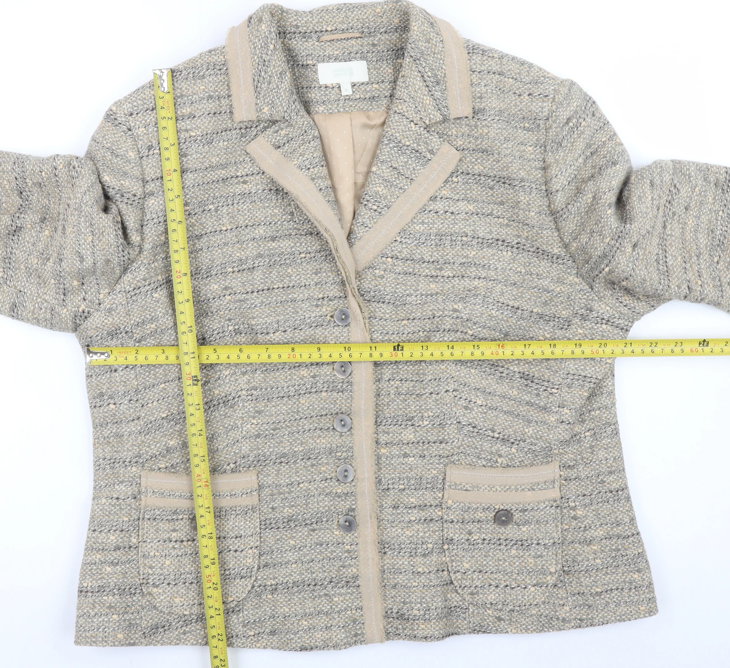 Marks and Spencer Women Beige Tweed Cardigan Jacket UK 20 Classic Fit - Image 2