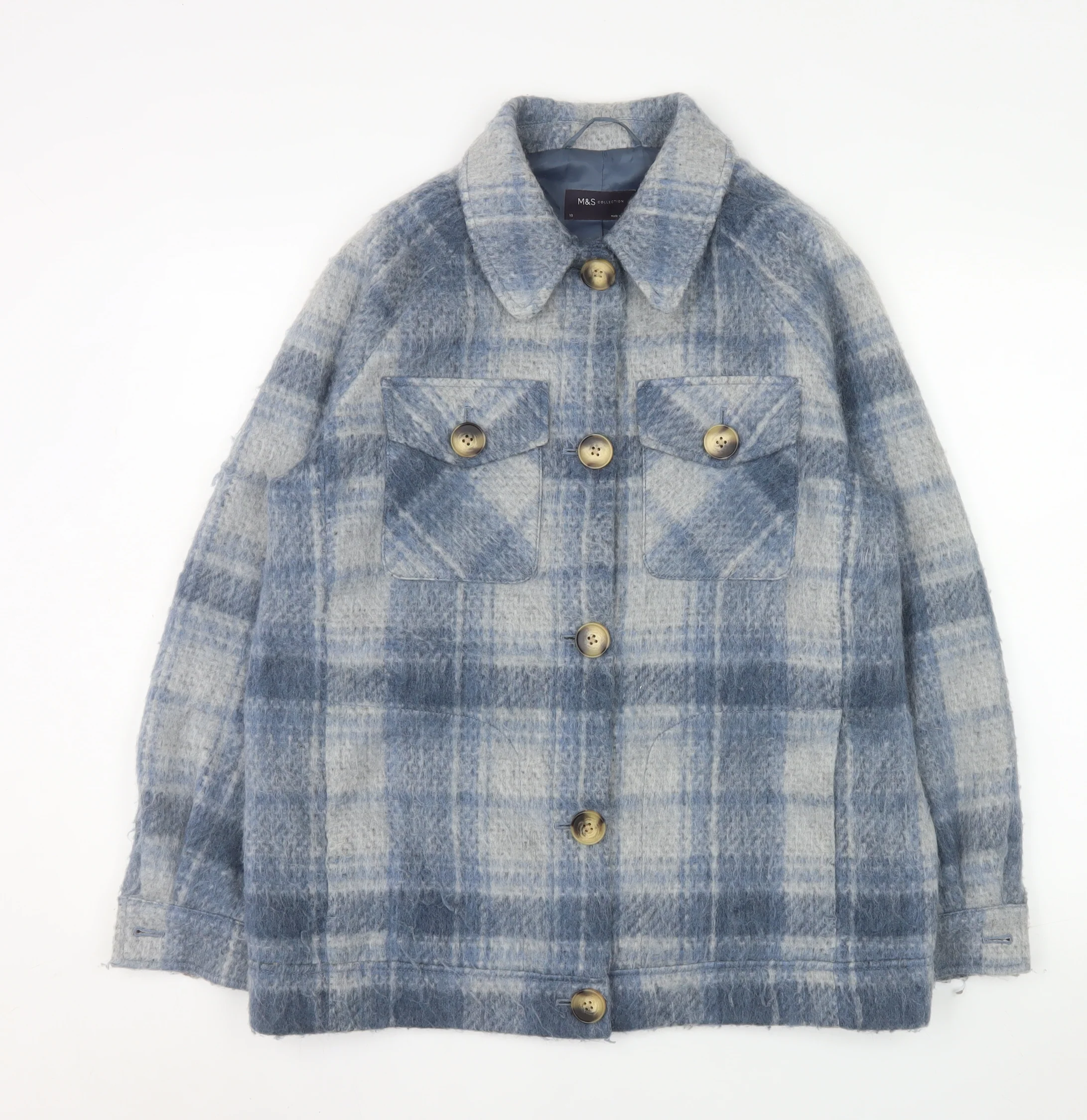 Marks and Spencer Women Blue Check Wool Blend Mid-Length Jacket Size 10