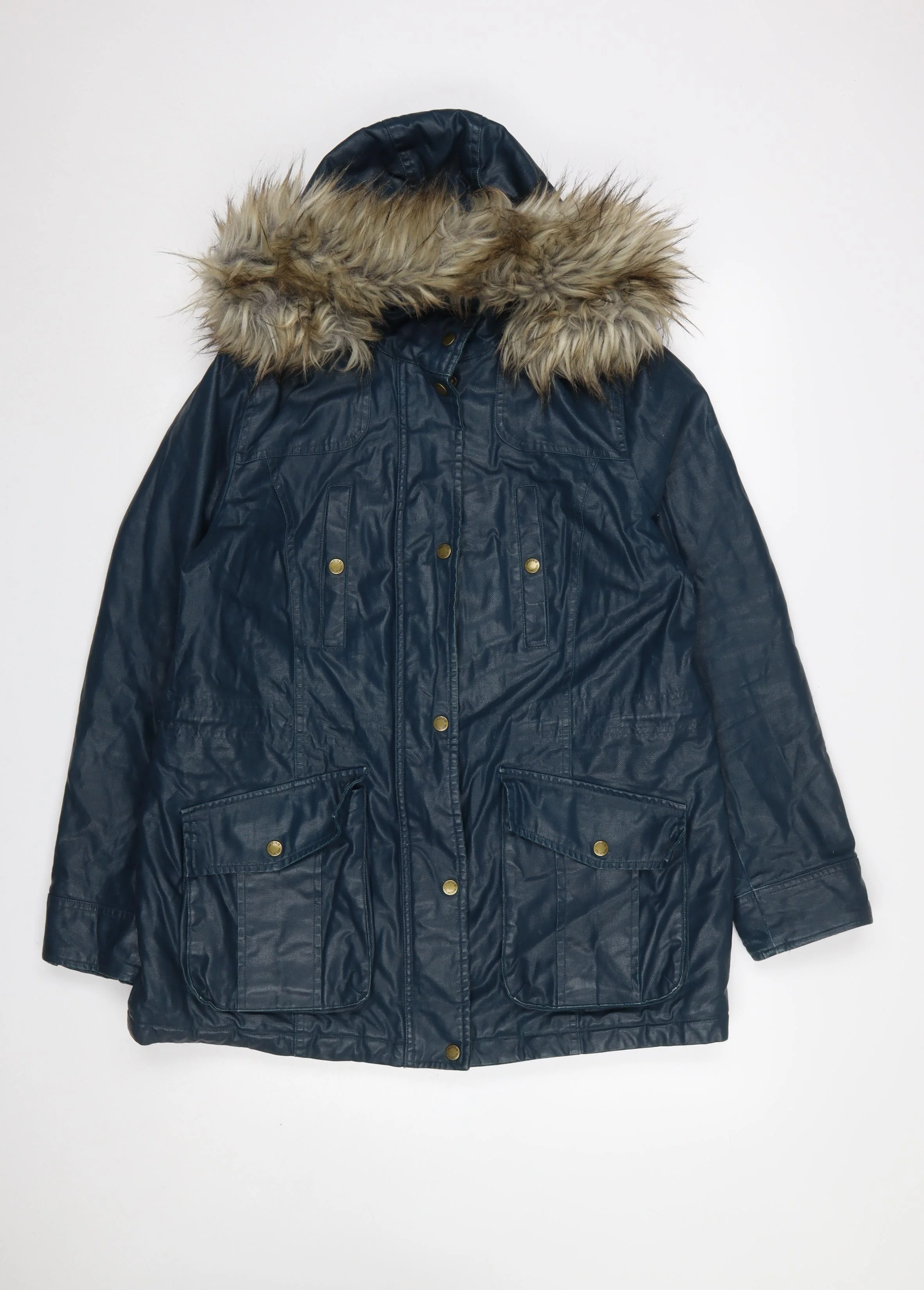 Marks and Spencer Women Blue Faux Fur Hooded Parka Coat Size 14
