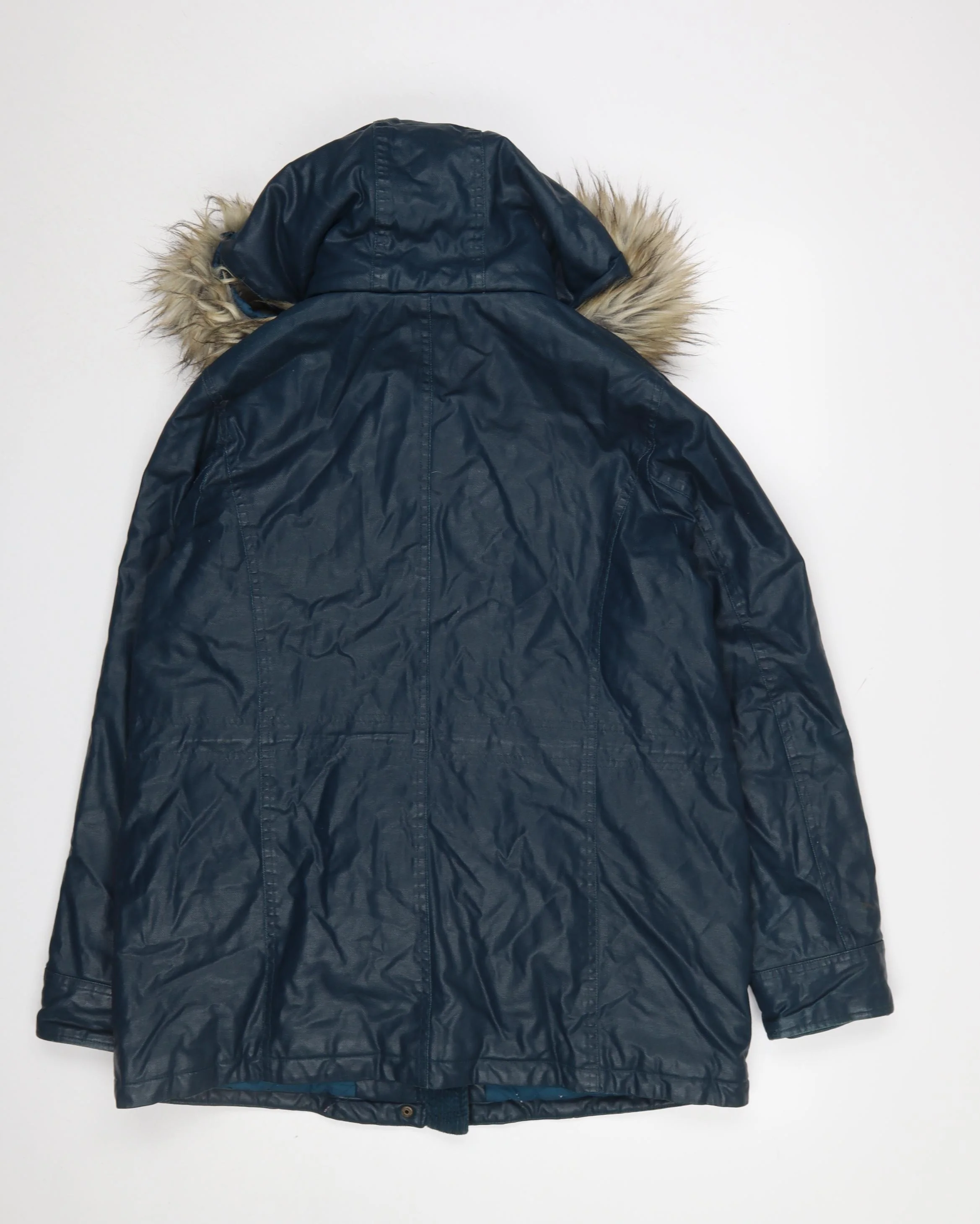 Marks and Spencer Women Blue Faux Fur Hooded Parka Coat Size 14 - Image 3