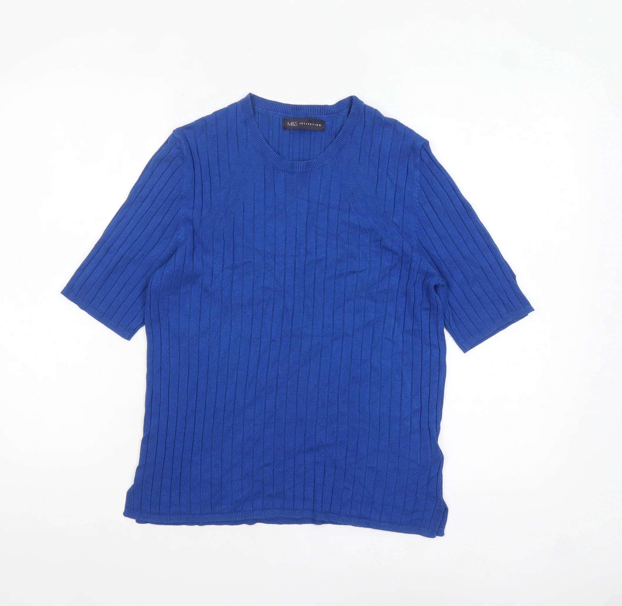 Marks and Spencer Women Blue Size 16 Ribbed Knit Short Sleeve Jumper