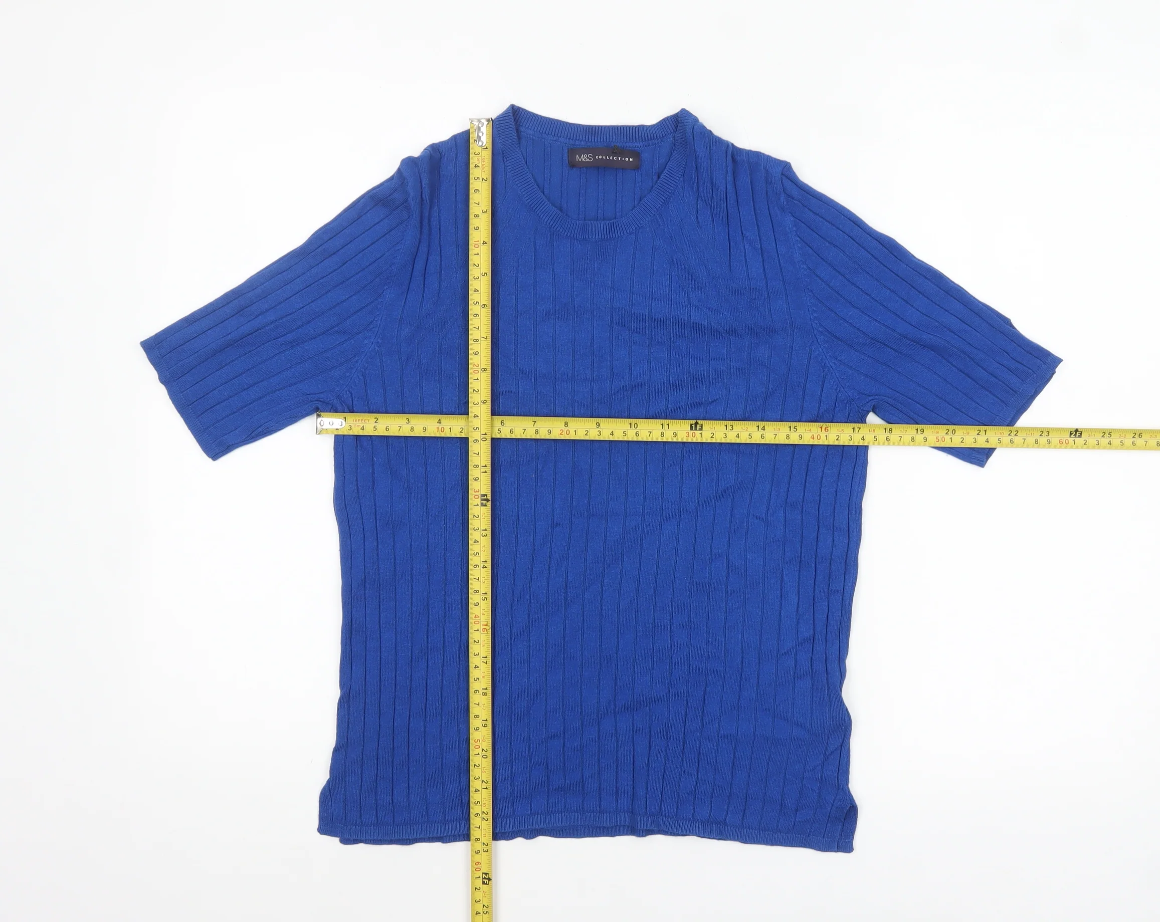Marks and Spencer Women Blue Size 16 Ribbed Knit Short Sleeve Jumper - Image 2