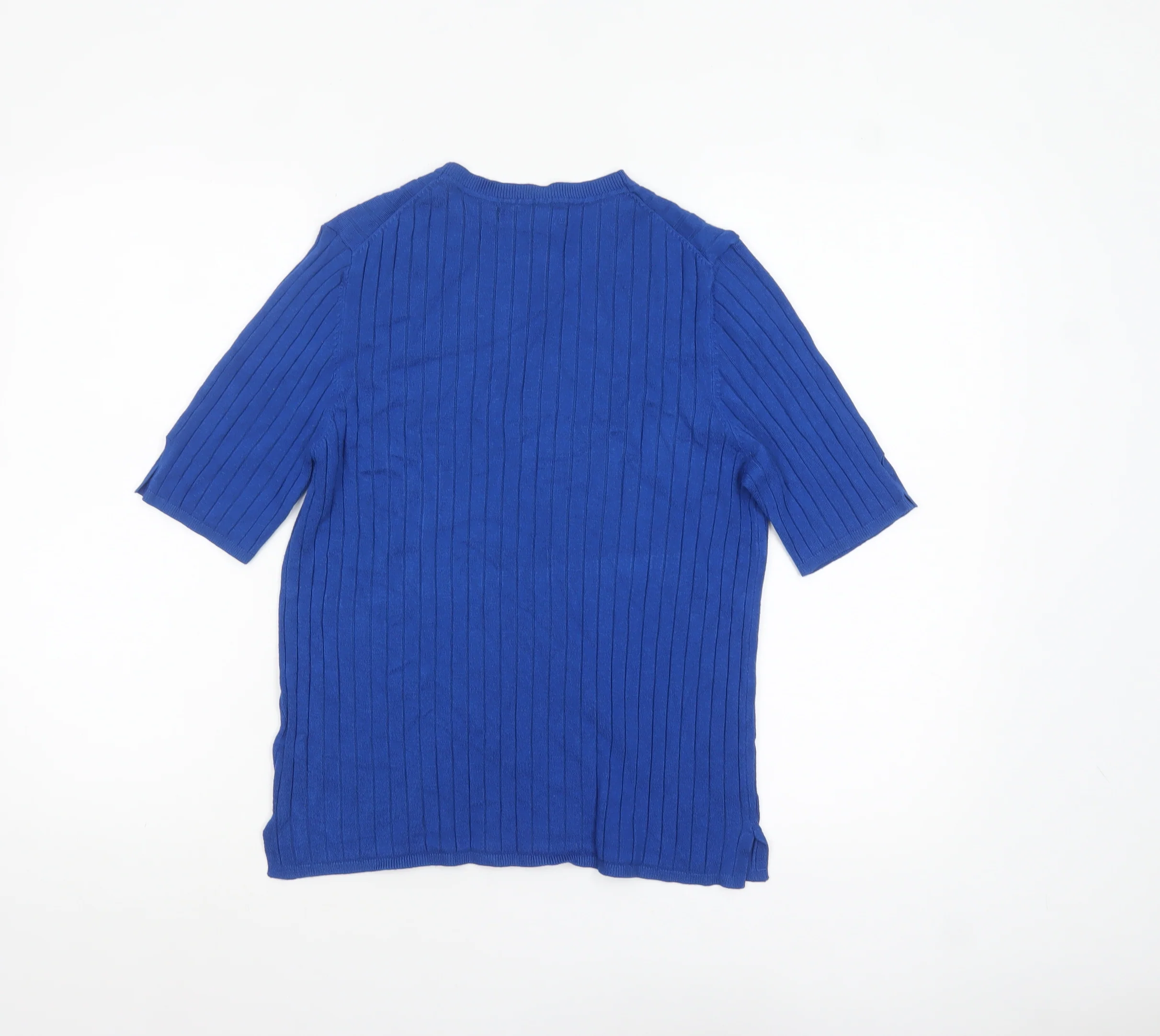 Marks and Spencer Women Blue Size 16 Ribbed Knit Short Sleeve Jumper - Image 3