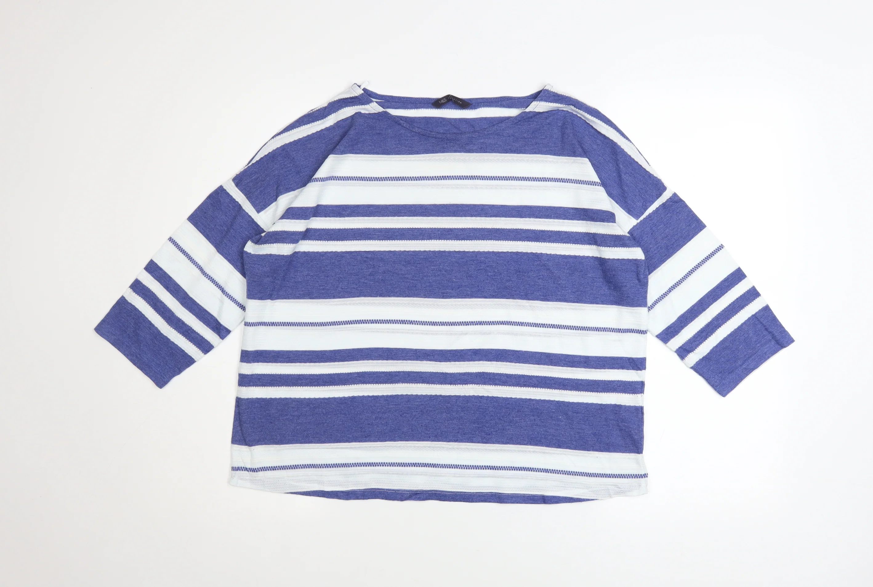 Marks and Spencer Women Blue Striped 3/4 Sleeve Boat Neck T-Shirt Size 16