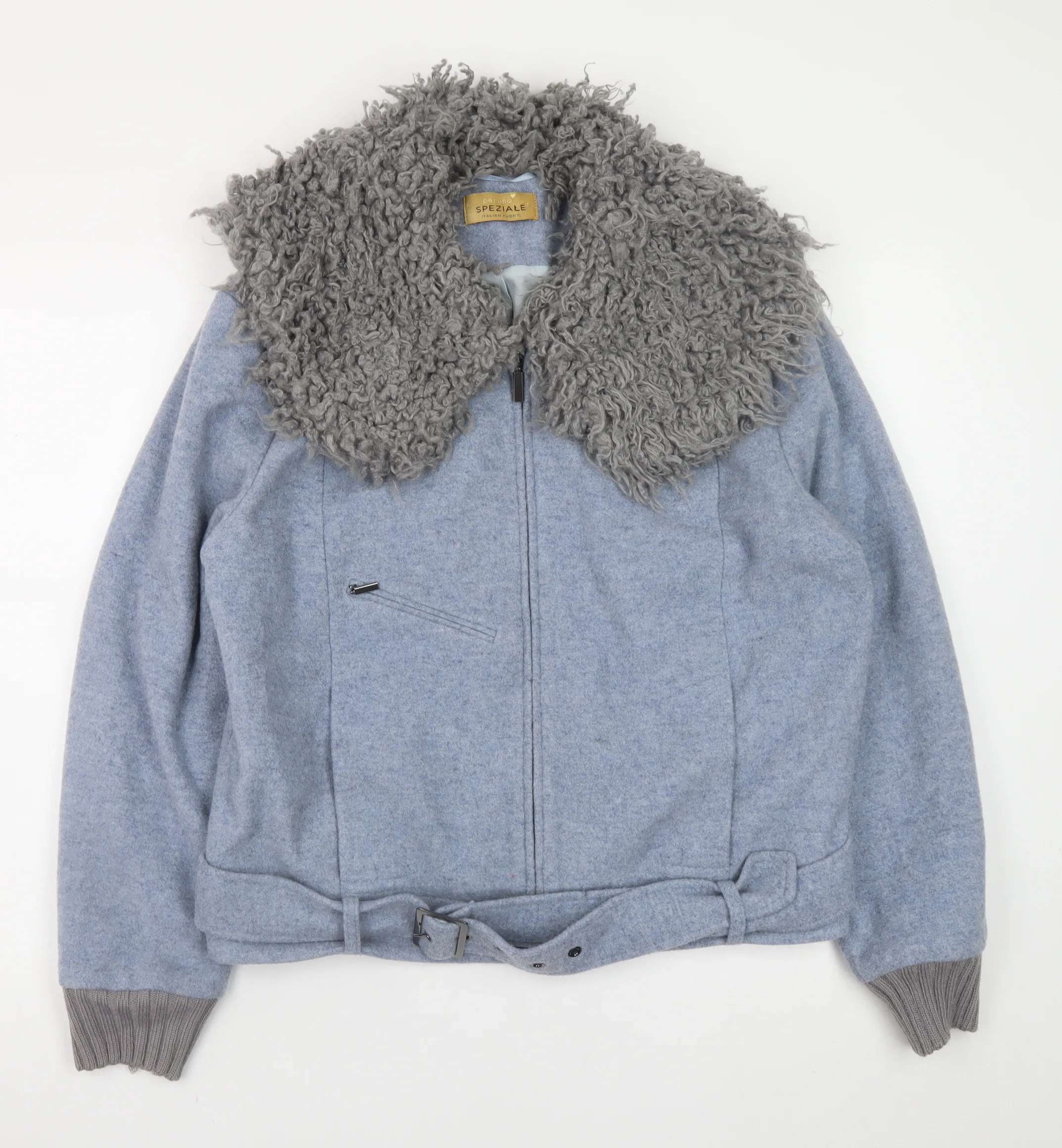 Marks and Spencer Women Blue Wool Belted Biker Jacket Size 16