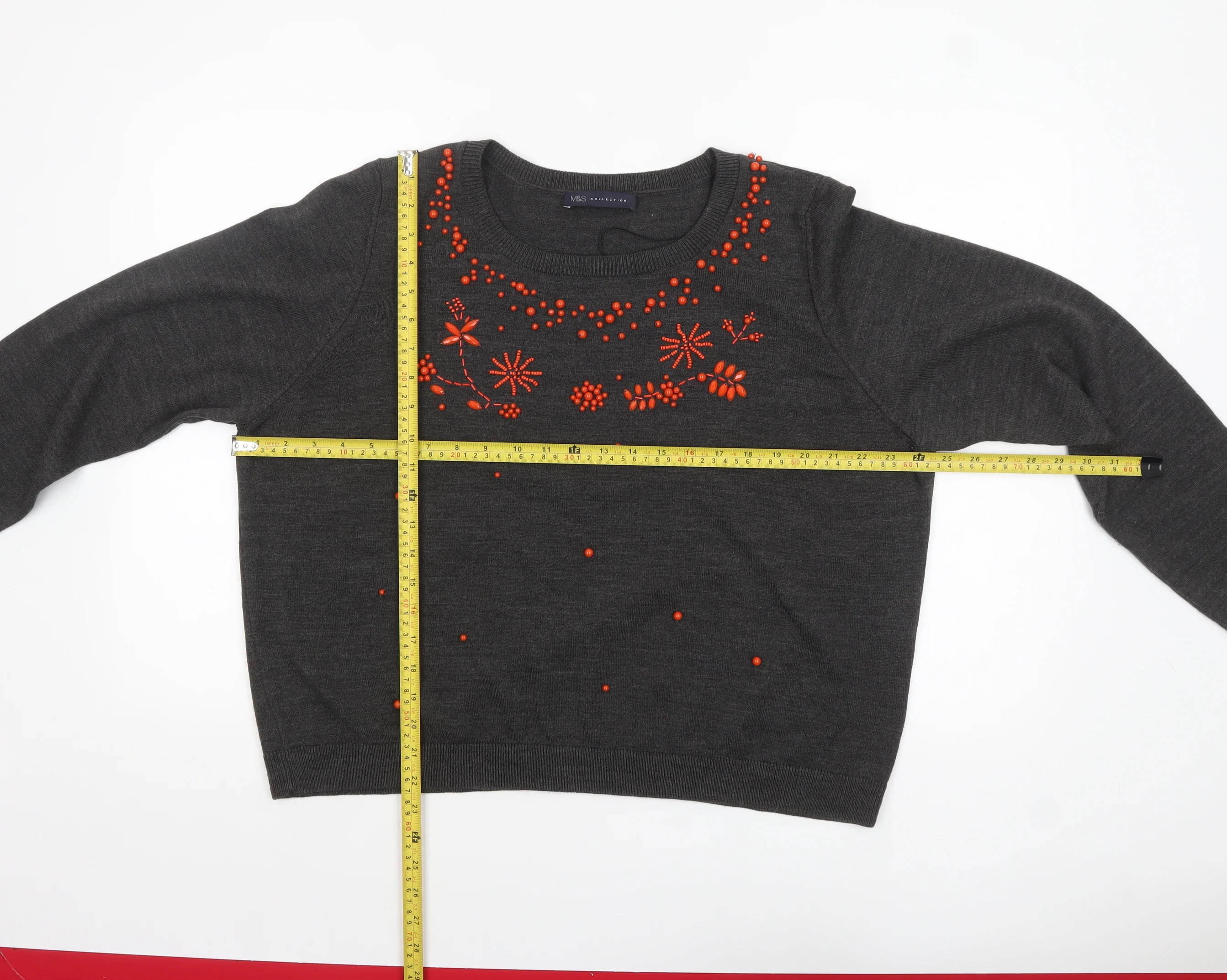 Marks and Spencer Women Grey Beaded Crew Neck Jumper Size 24 - Image 2