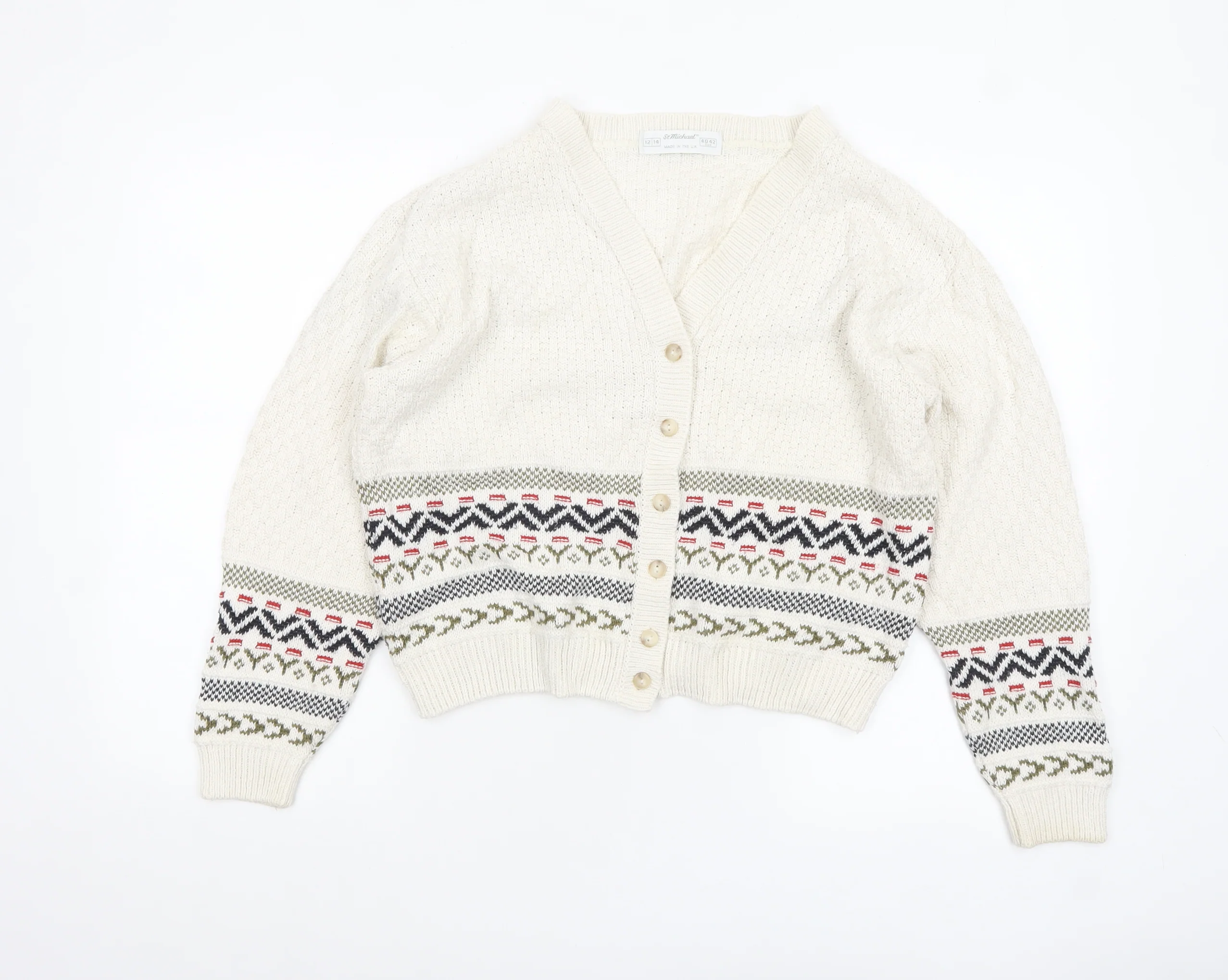 Marks and Spencer Women Ivory Fair Isle V-Neck Cardigan Size 12-14