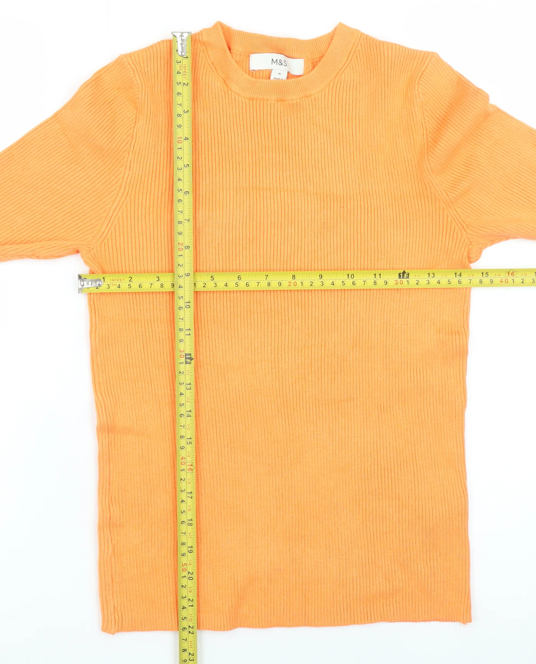 Marks and Spencer Women Orange Ribbed Knit Short Sleeve T-Shirt M - Image 2