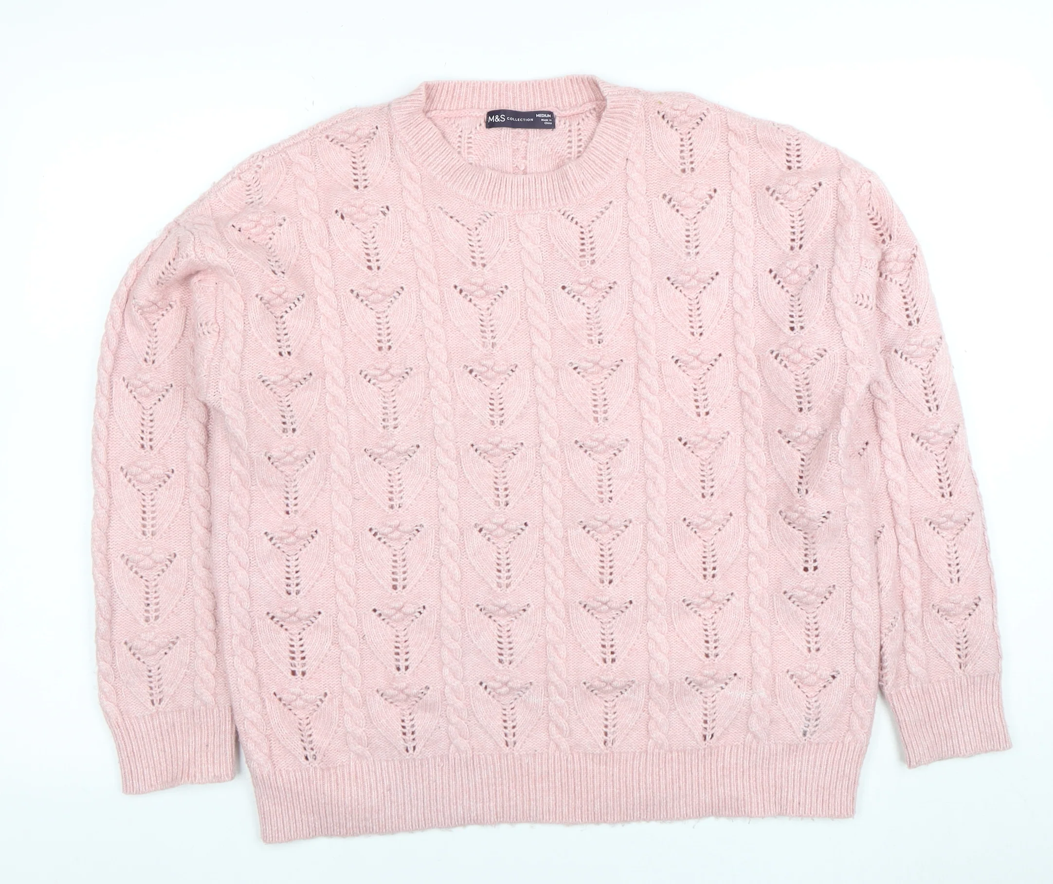 Marks and Spencer Women Pink Cable Knit Crew Neck Jumper Medium