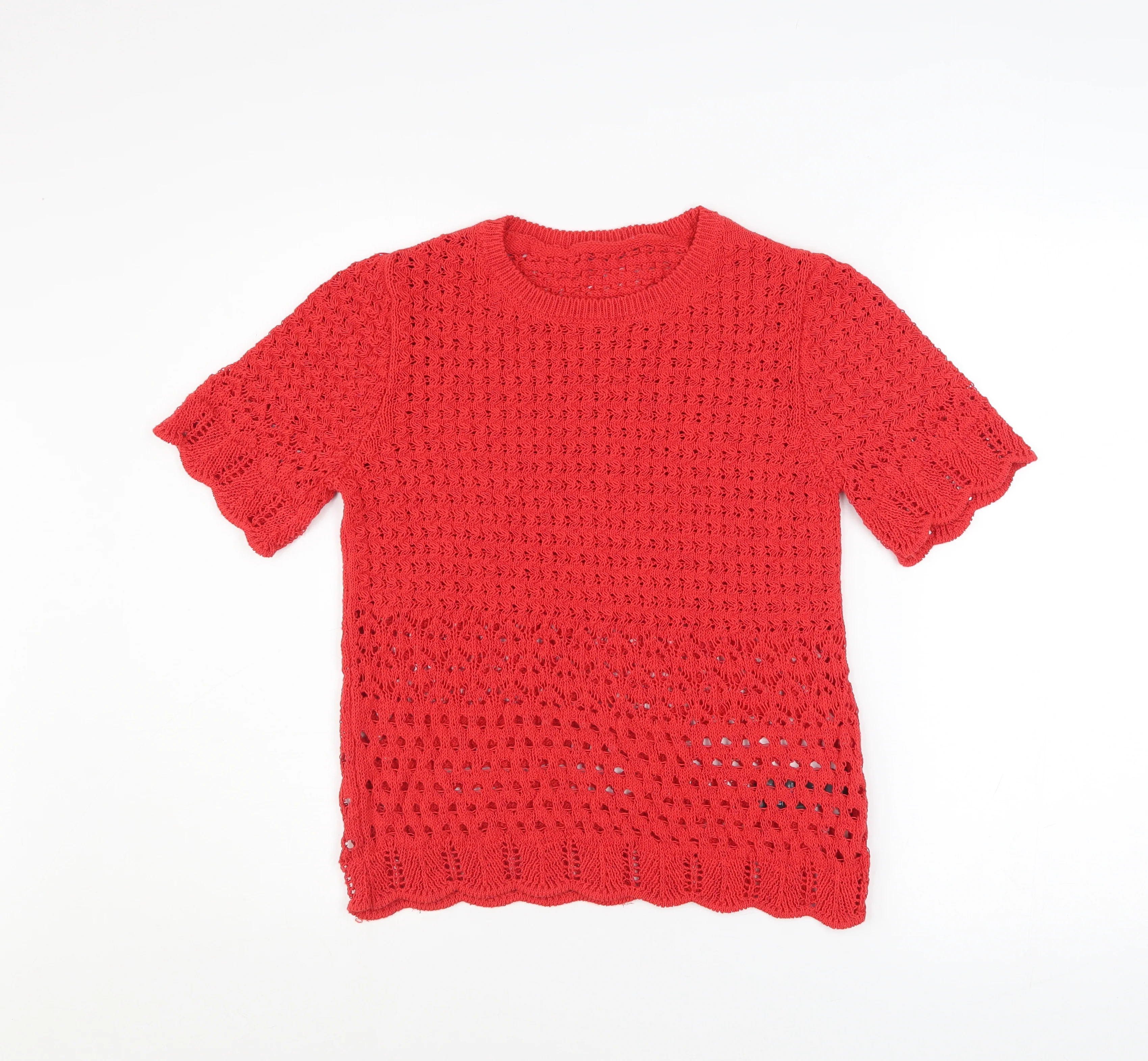 Marks and Spencer Women Red Crochet Knit Short Sleeve Top Size S - Image 3