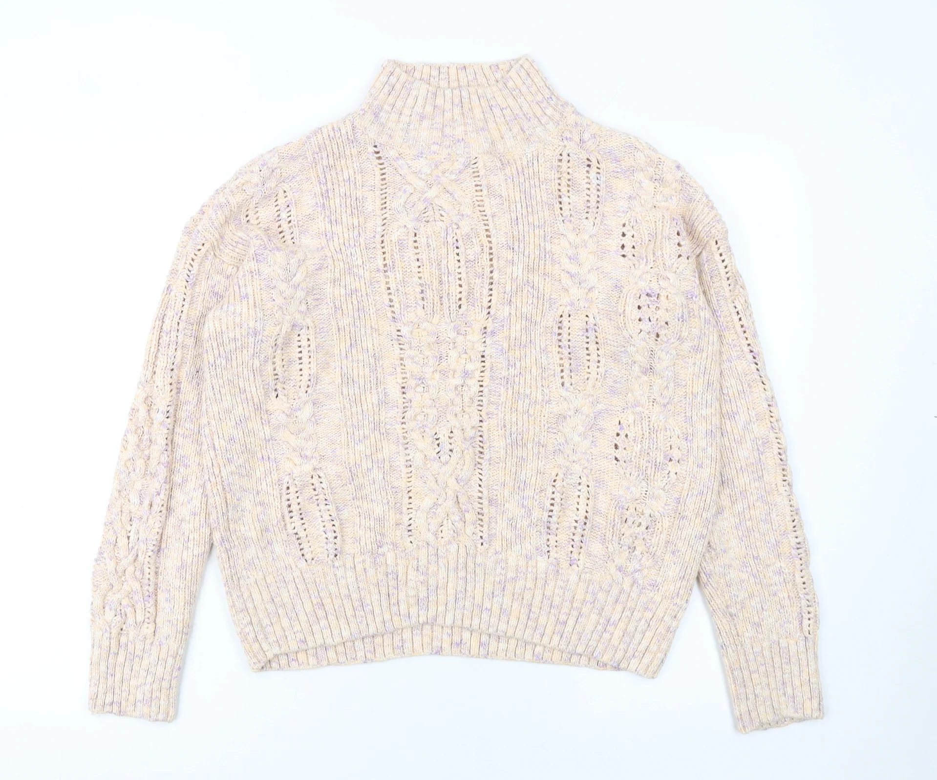 Marks and Spencer Women’s Beige Cotton Mock Neck Cable Knit Jumper Size 14
